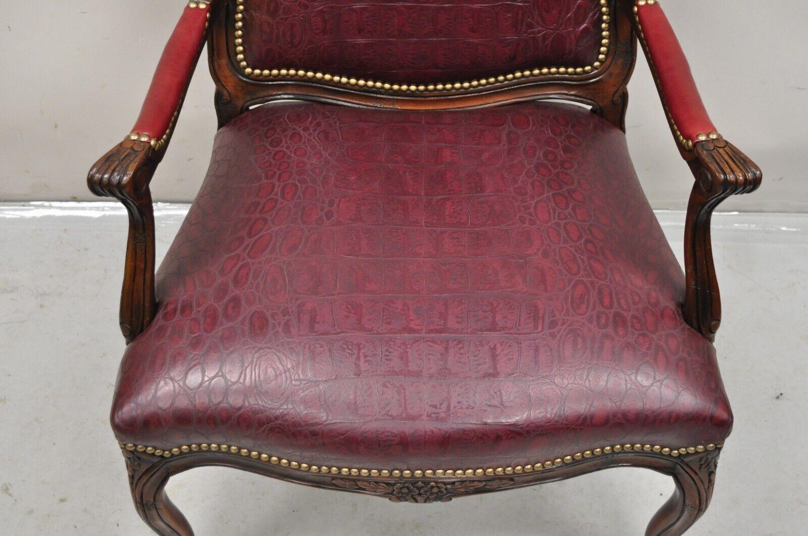 20th Century French Country Louis XV Style Burgundy Leather Faux Reptile Cowhide Armchair For Sale
