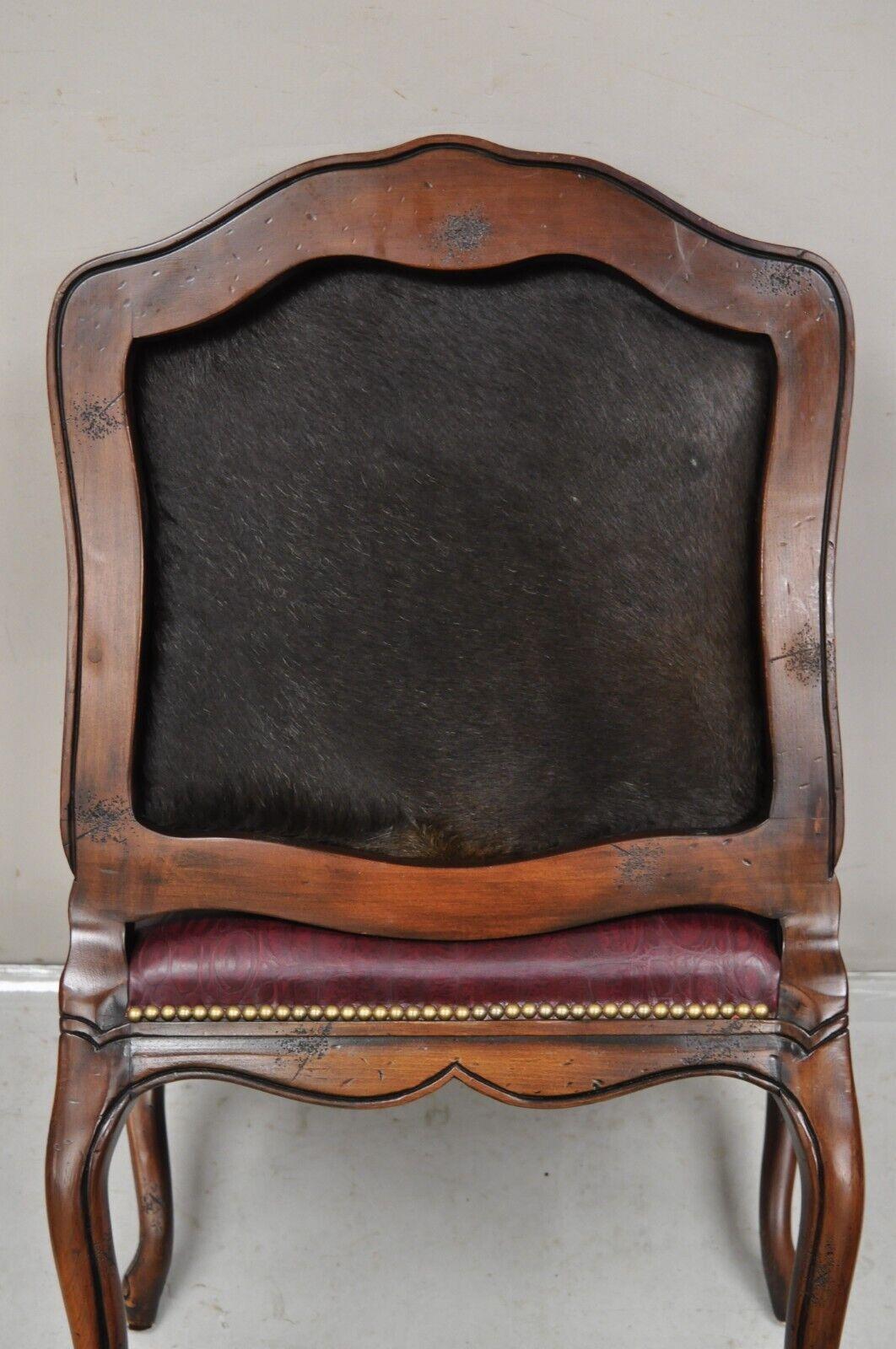 French Country Louis XV Style Burgundy Leather Faux Reptile Cowhide Armchair For Sale 5