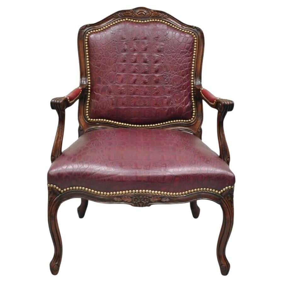 French Country Louis XV Style Burgundy Leather Faux Reptile Cowhide Armchair For Sale