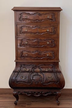 French Country Louis XV Style Carved "Bombe" Walnut Commode Chest of Drawers
