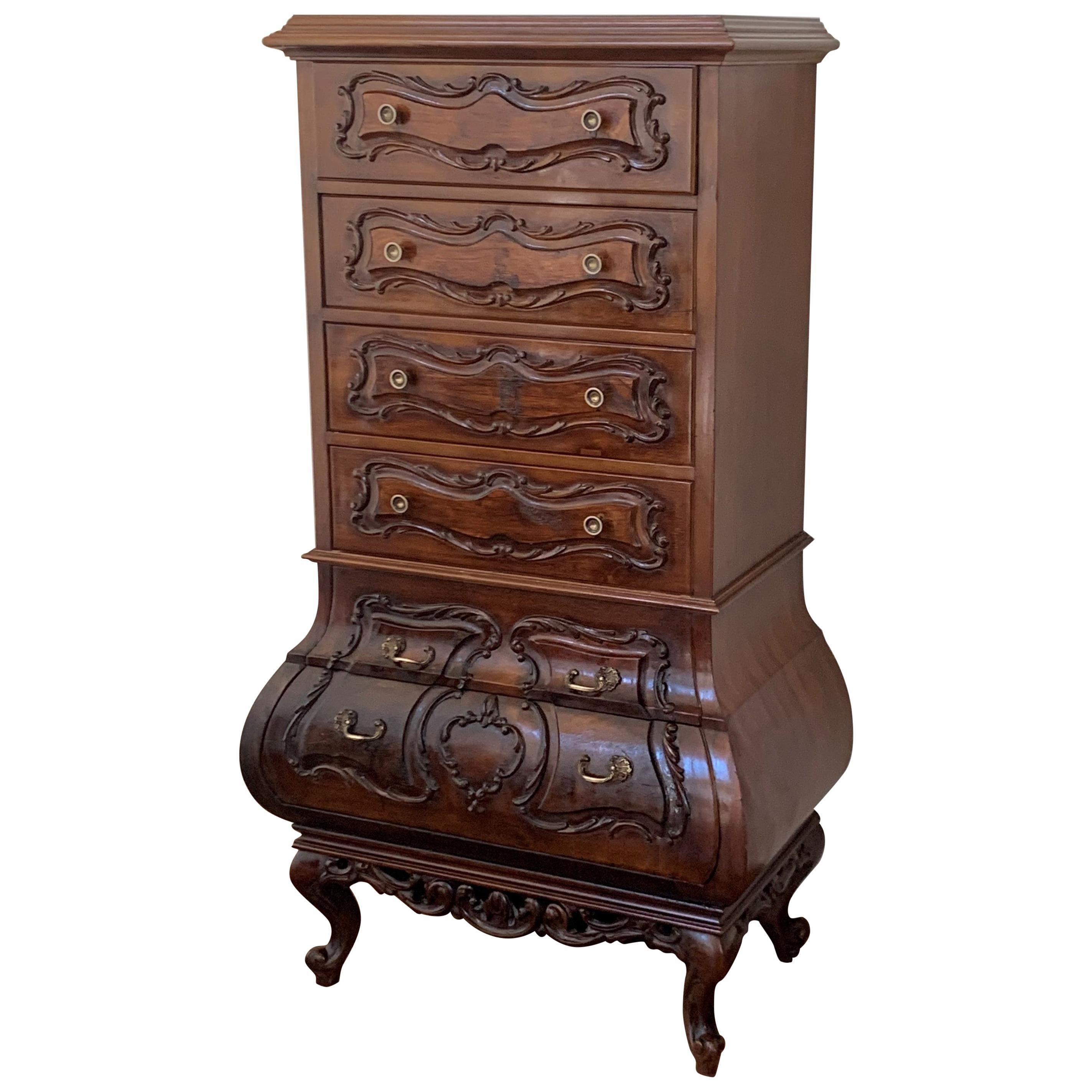 French Country Louis XV Style Carved "Bombe" Walnut Commode Chest of Drawers For Sale