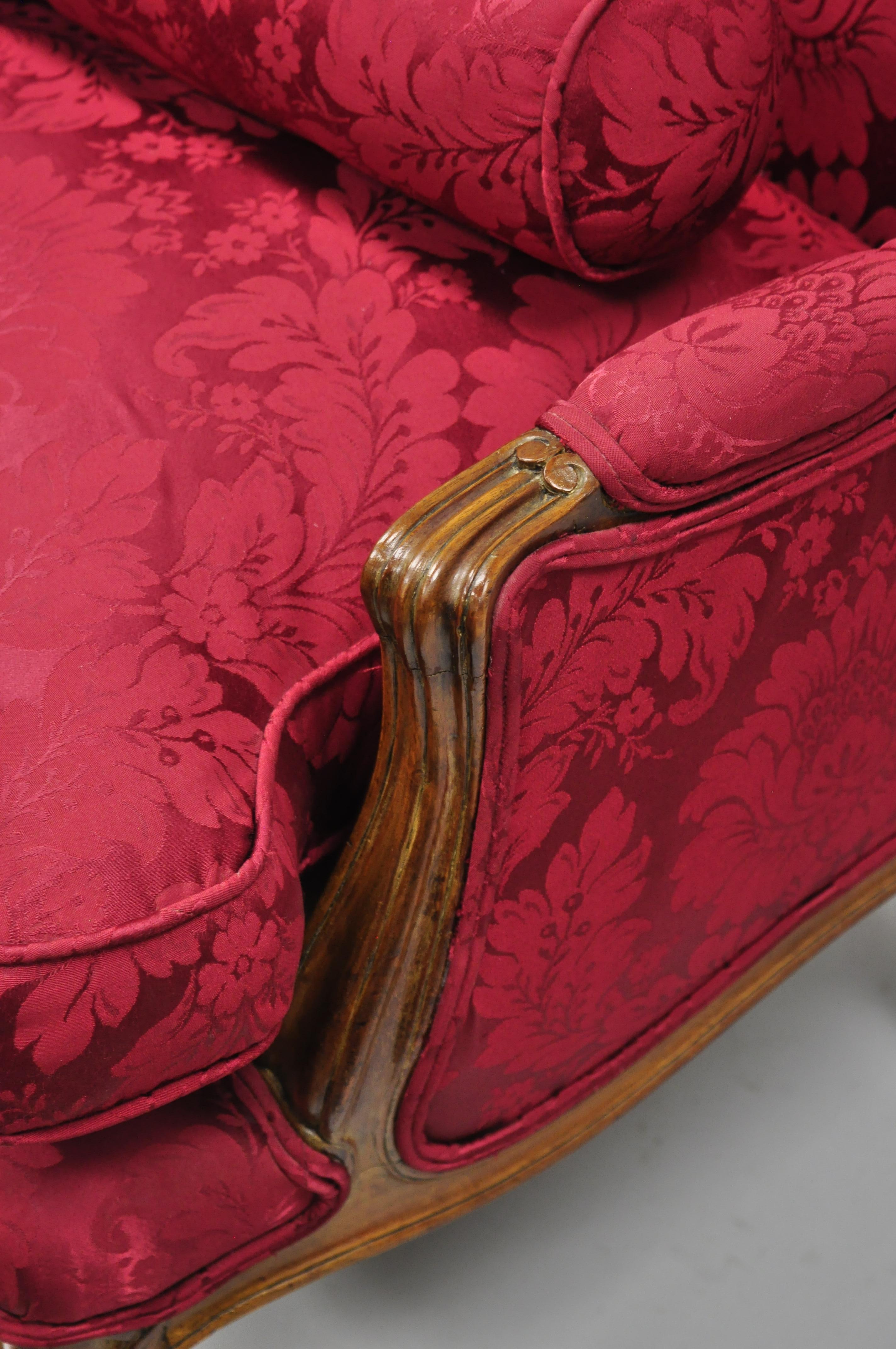French Country Louis XV Style Carved Mahogany Burgundy Wingback Settee Sofa For Sale 4