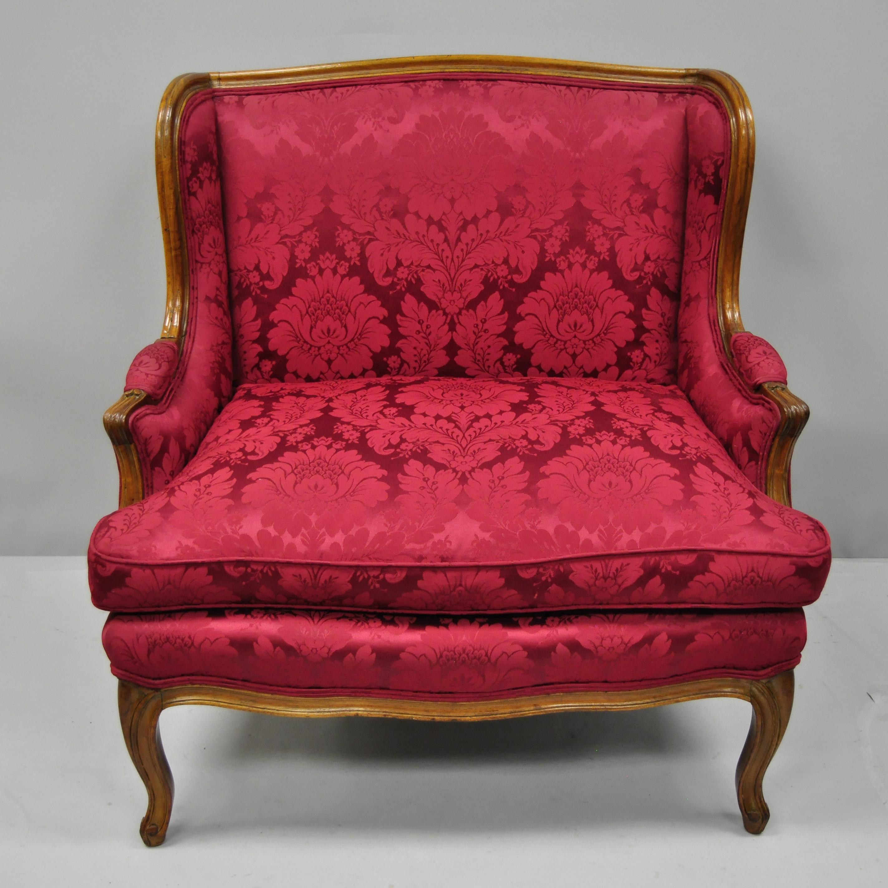 French Country Louis XV Style Carved Mahogany Burgundy Wingback Settee Sofa For Sale 5