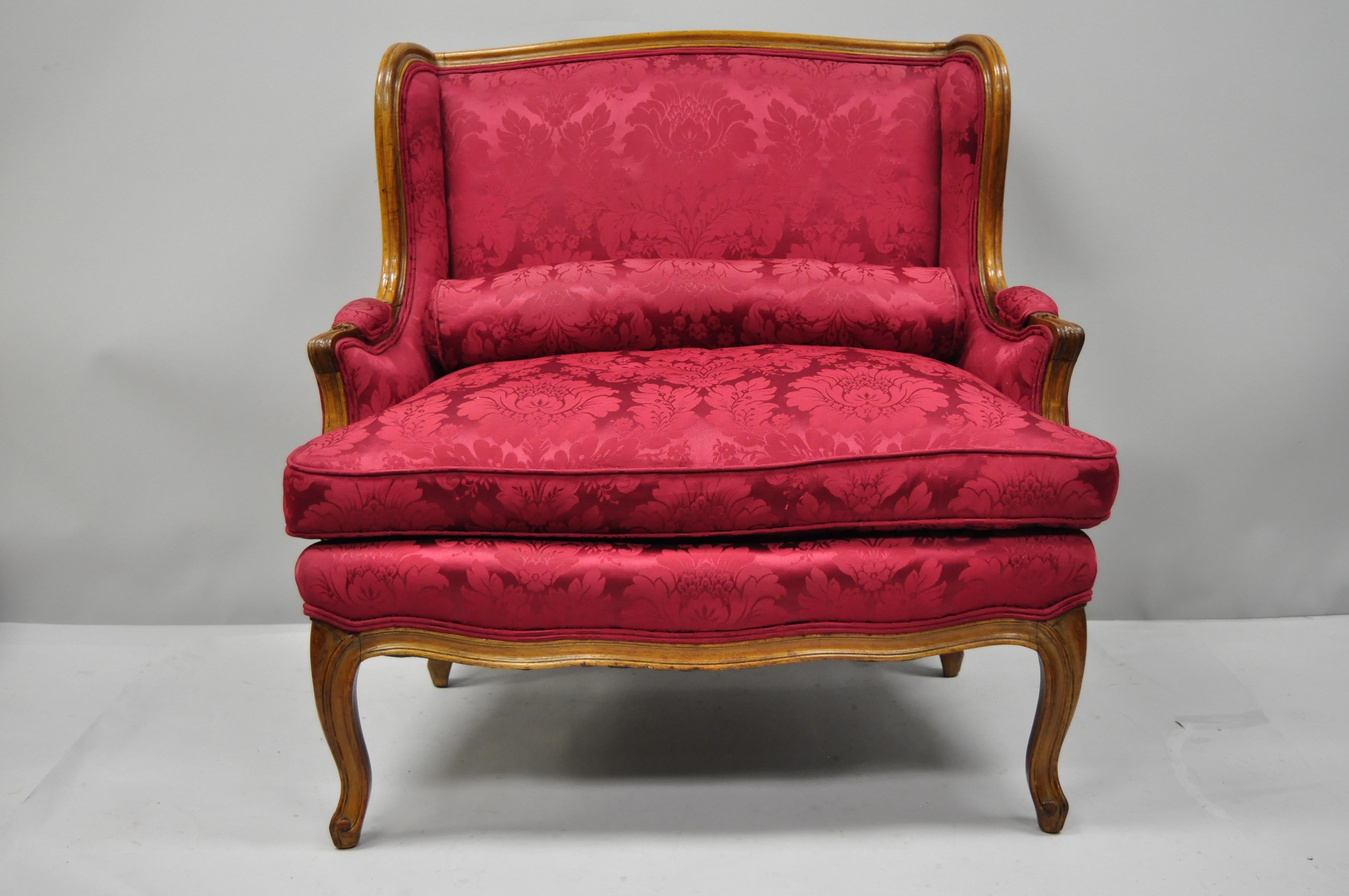 French Country Louis XV Style Carved Mahogany Burgundy Wingback Settee Sofa For Sale 7