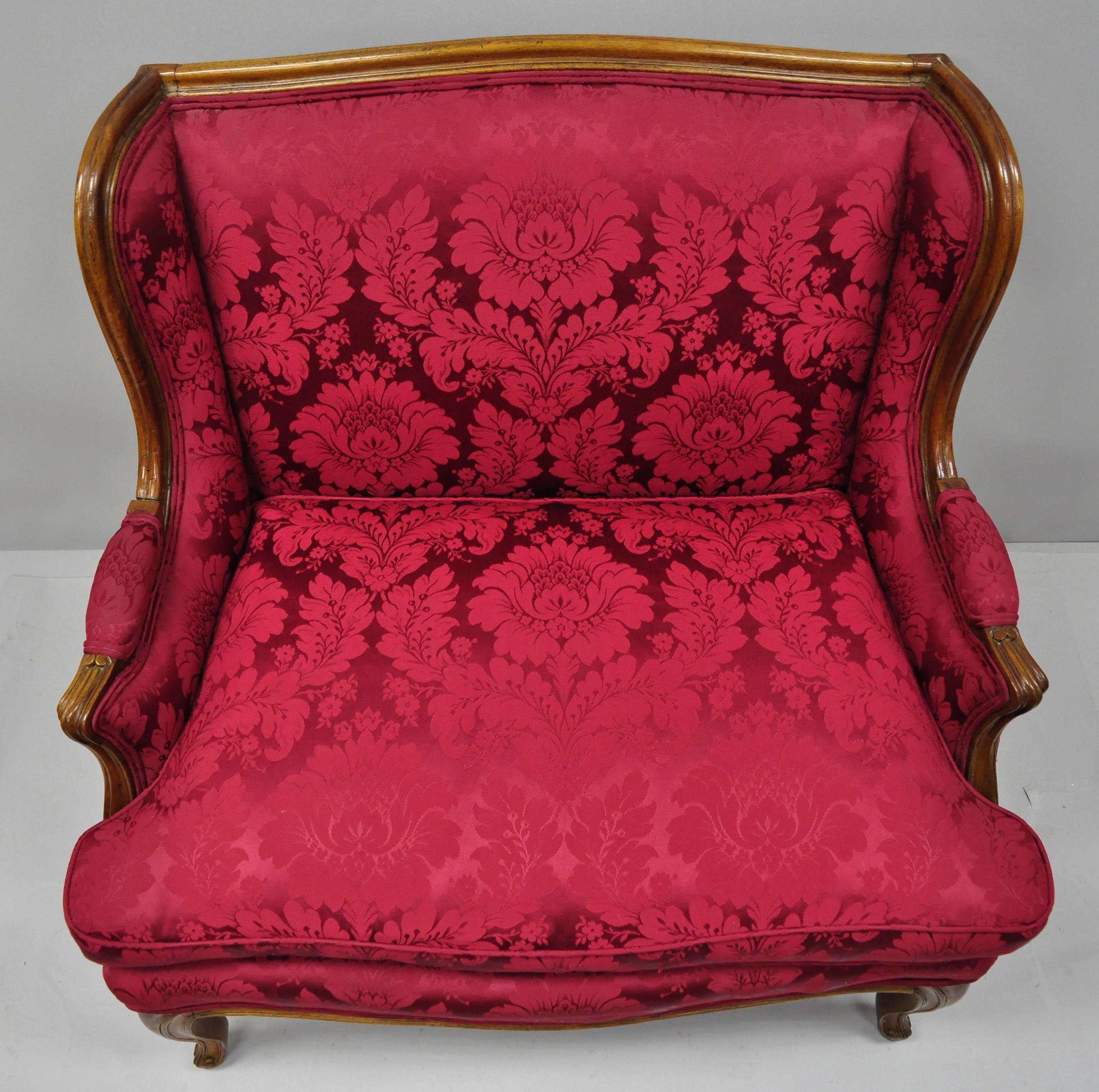 American French Country Louis XV Style Carved Mahogany Burgundy Wingback Settee Sofa For Sale