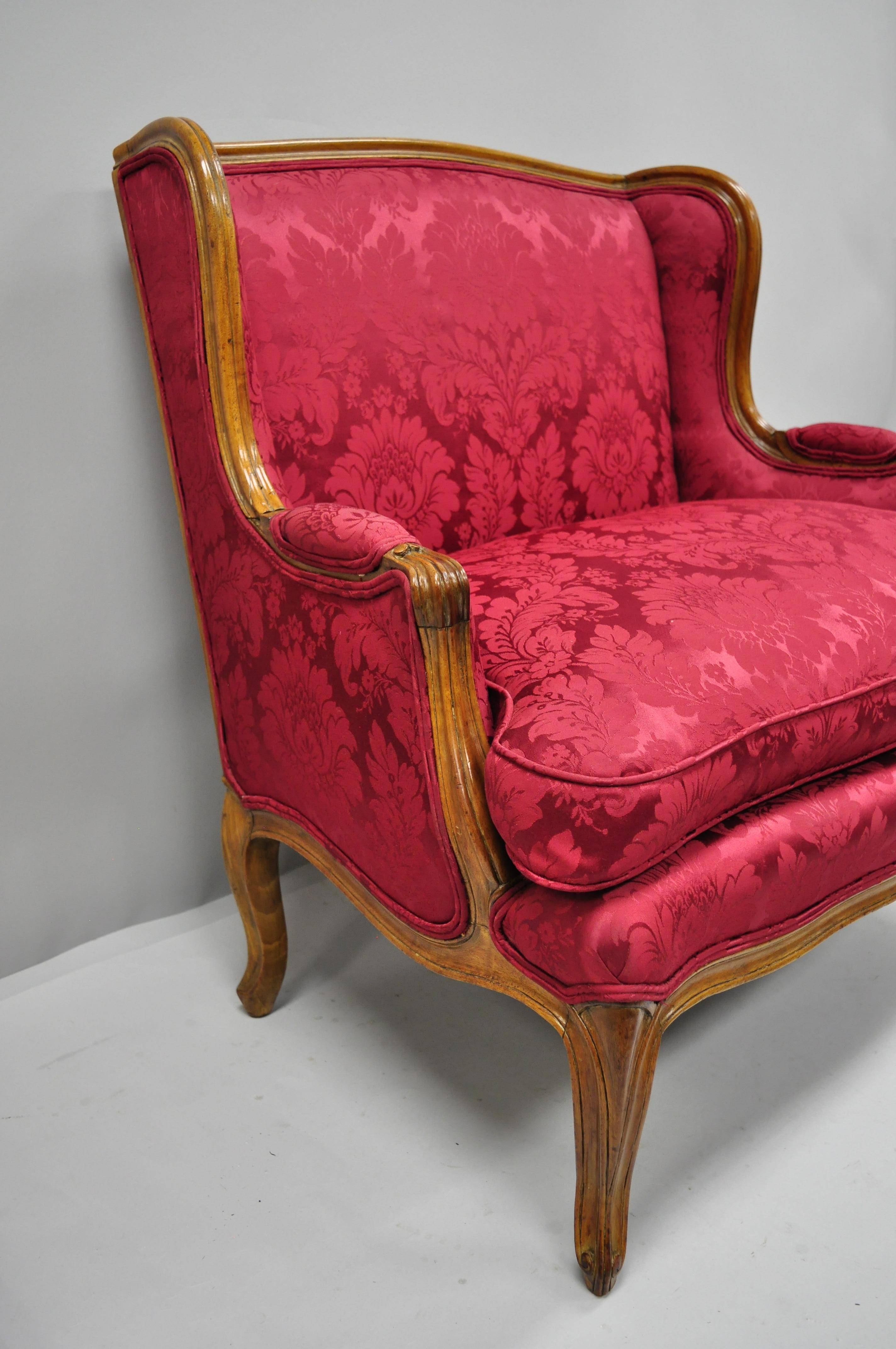 French Country Louis XV Style Carved Mahogany Burgundy Wingback Settee Sofa In Good Condition For Sale In Philadelphia, PA