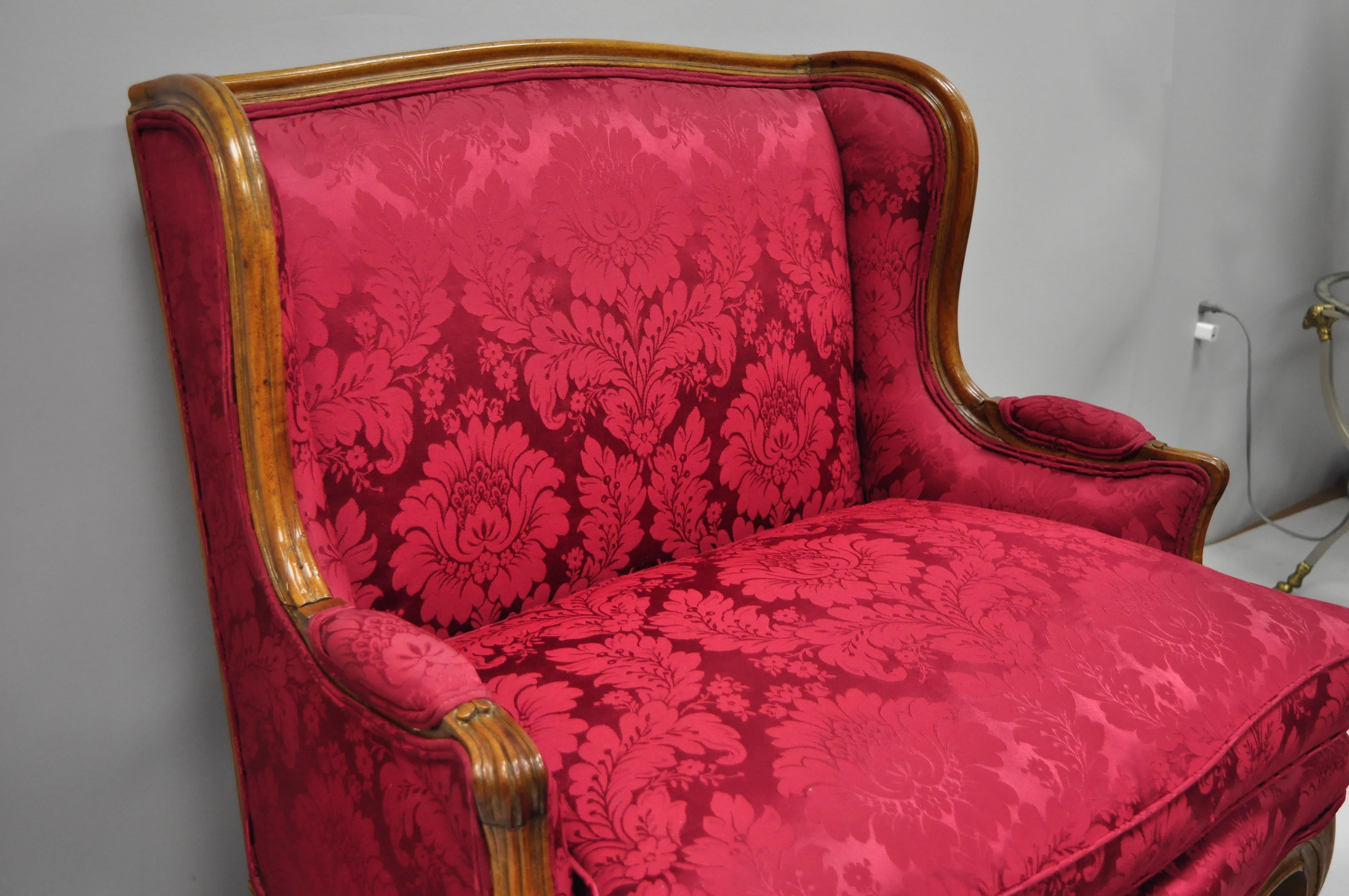 20th Century French Country Louis XV Style Carved Mahogany Burgundy Wingback Settee Sofa For Sale