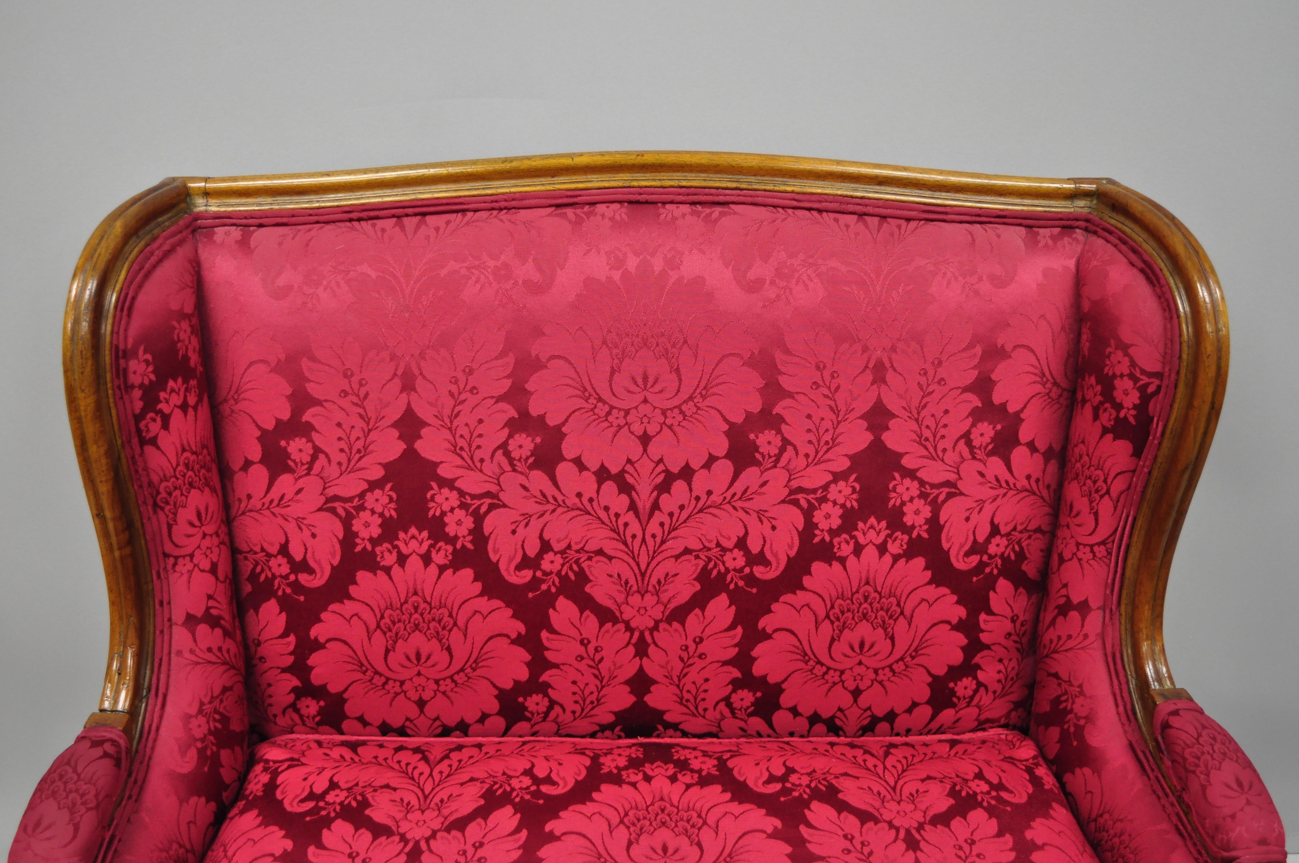 French Country Louis XV Style Carved Mahogany Burgundy Wingback Settee Sofa For Sale 1