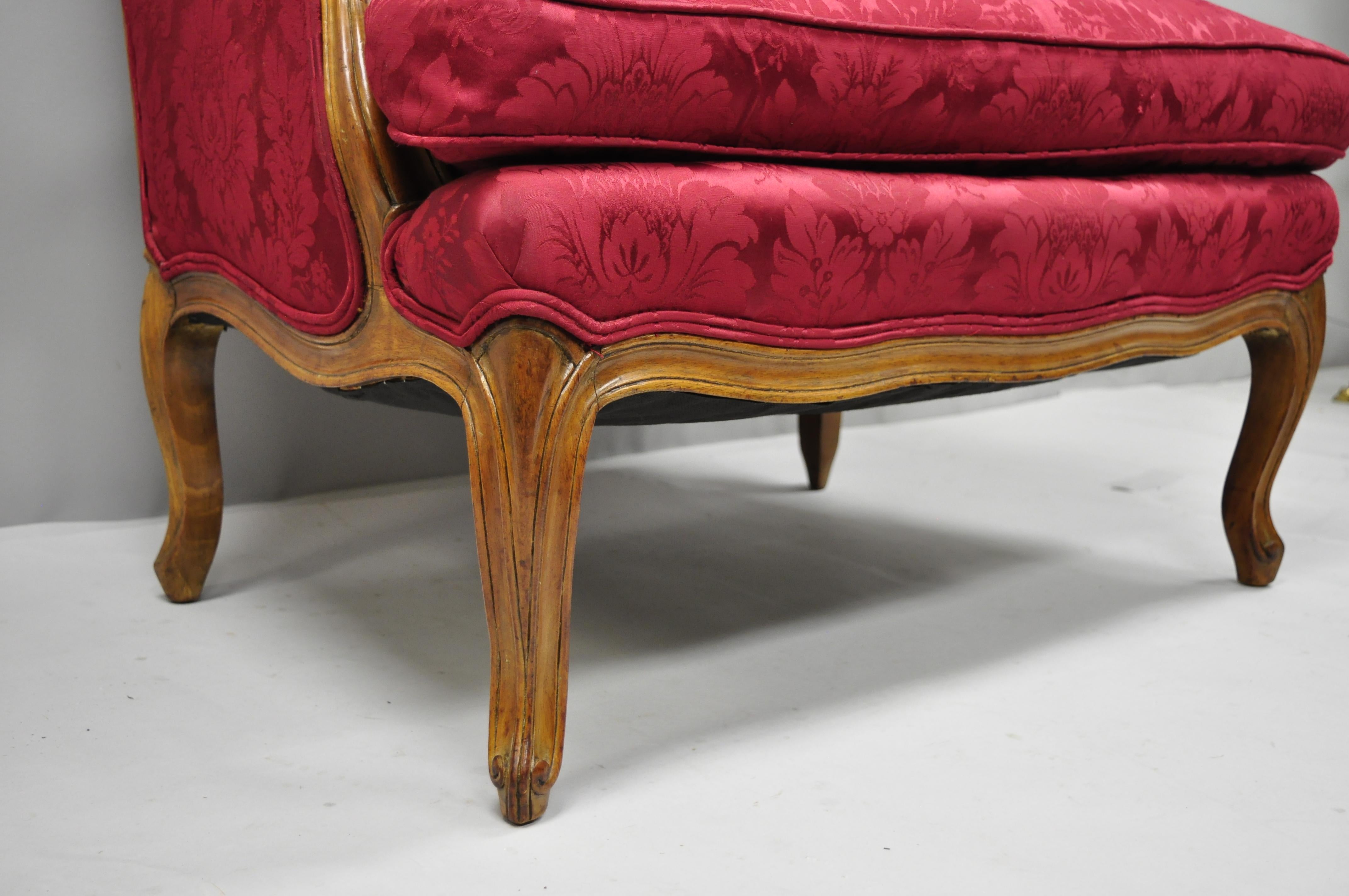 French Country Louis XV Style Carved Mahogany Burgundy Wingback Settee Sofa For Sale 2