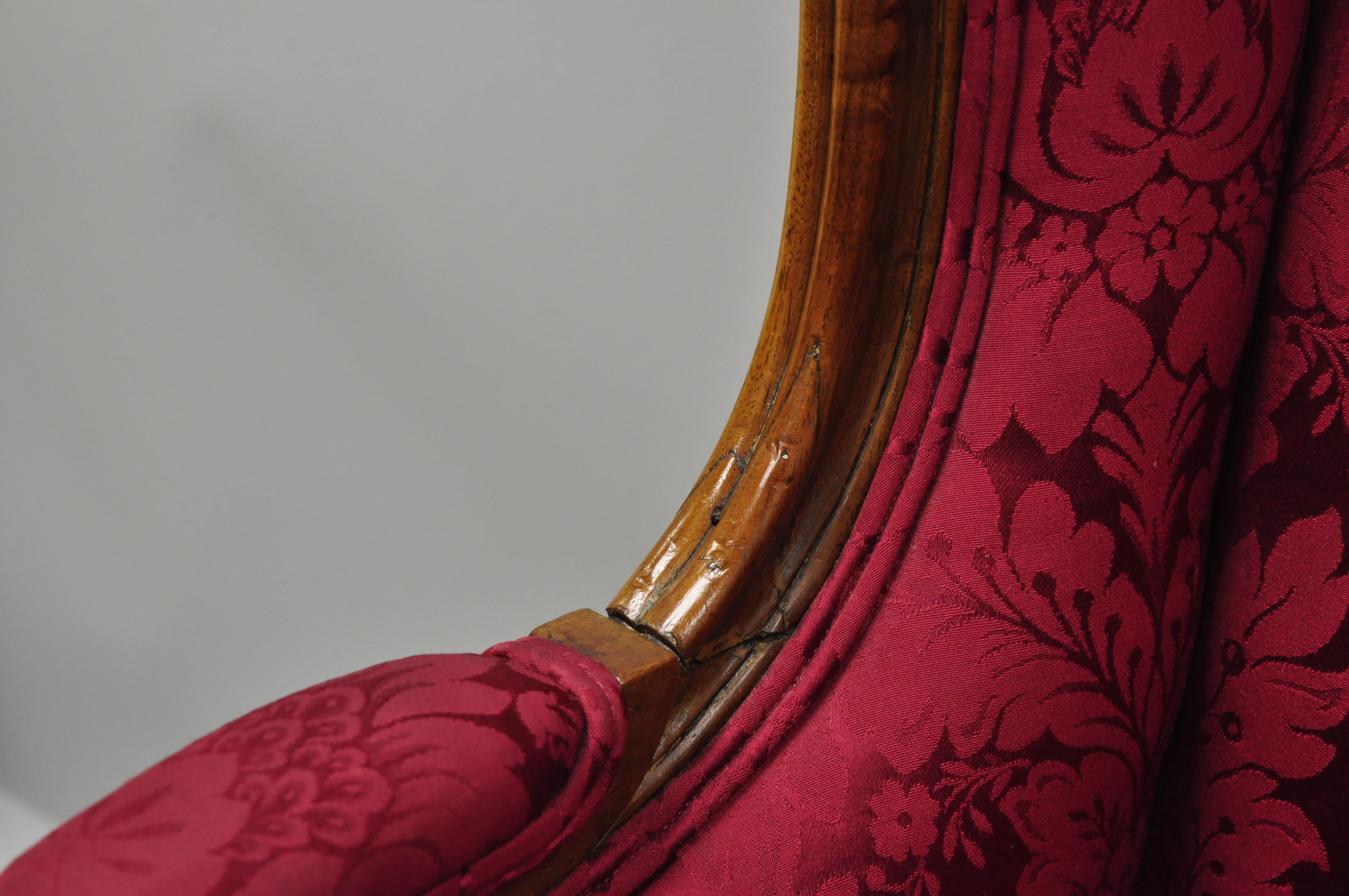 French Country Louis XV Style Carved Mahogany Burgundy Wingback Settee Sofa For Sale 3