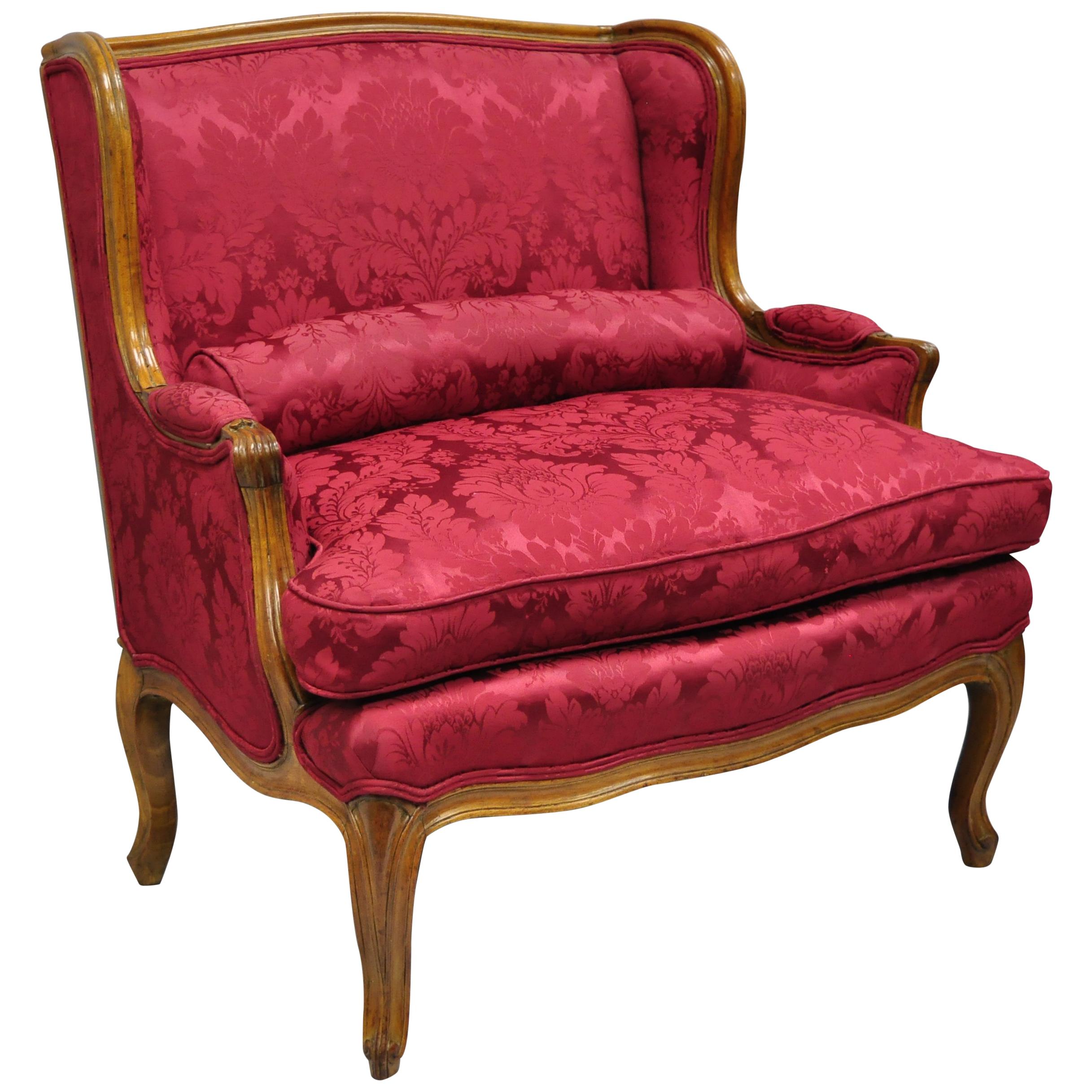 French Country Louis XV Style Carved Mahogany Burgundy Wingback Settee Sofa