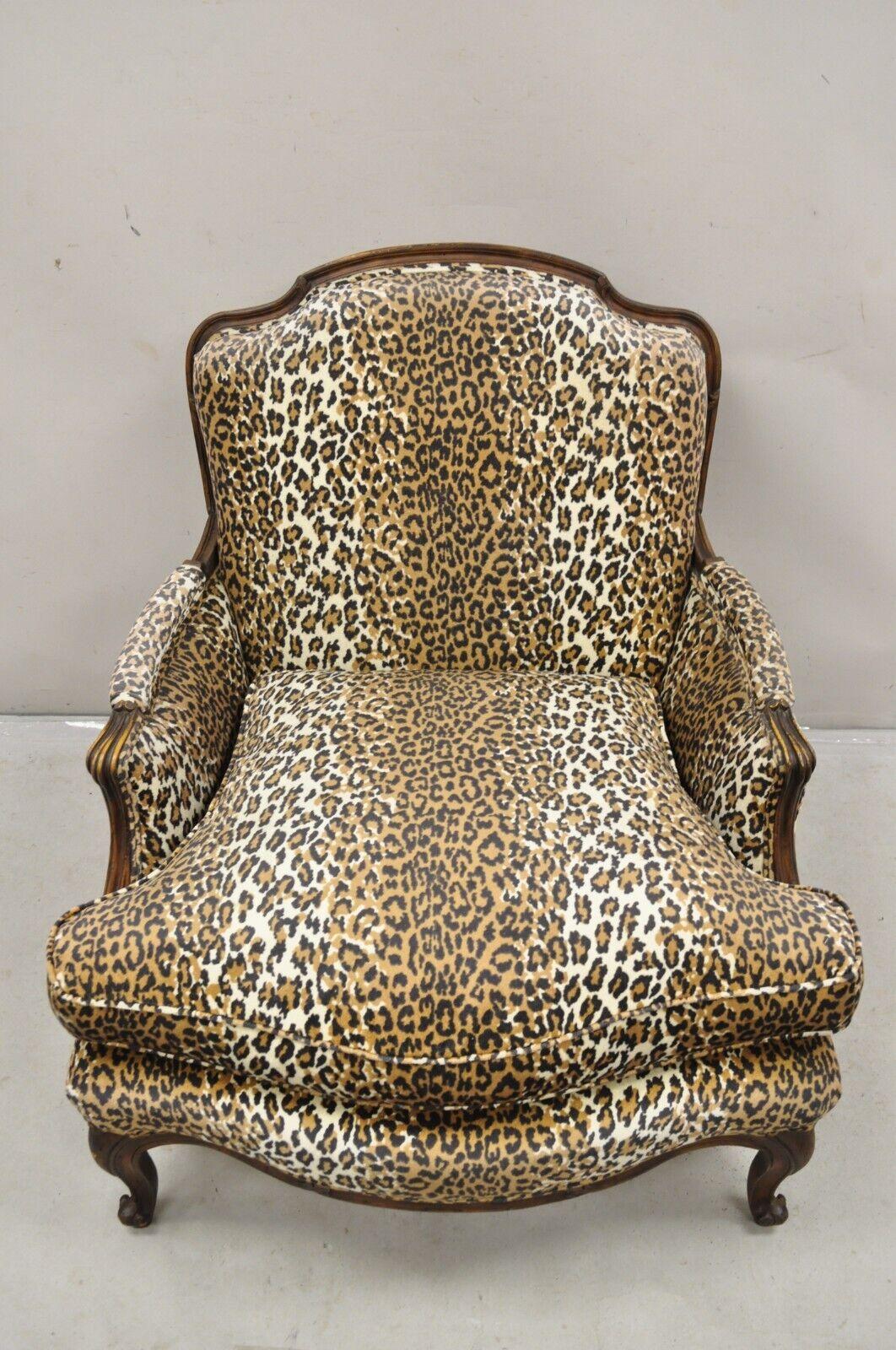 French Country Louis XV Style Cheetah Upholstered Bergere Club Lounge Chair In Good Condition In Philadelphia, PA