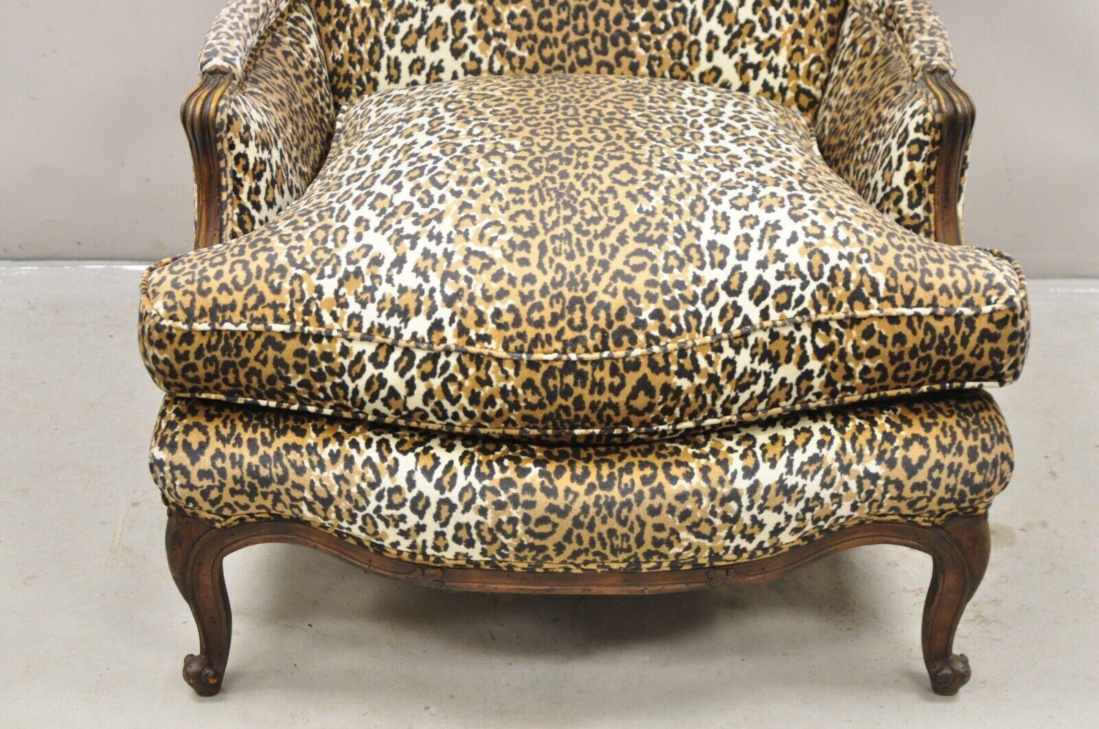 20th Century French Country Louis XV Style Cheetah Upholstered Bergere Club Lounge Chair