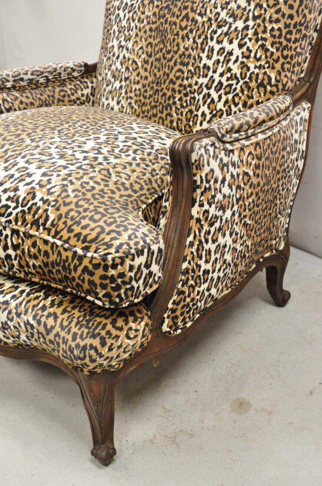 French Country Louis XV Style Cheetah Upholstered Bergere Club Lounge Chair 1