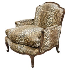 Vintage French Country Louis XV Style Cheetah Upholstered Bergere Club Lounge Chair