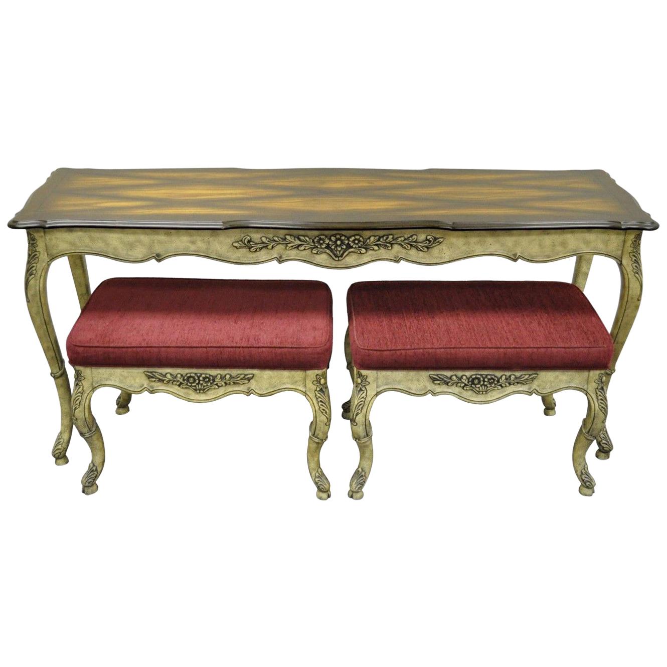French Country Louis XV Style Console Hall Table and Pair of Stools Benches
