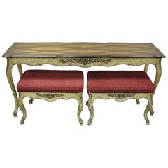 Retro French Country Louis XV Style Console Hall Table and Pair of Stools Benches
