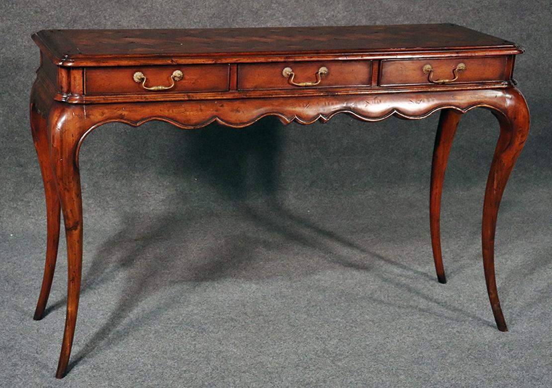 French Country Louis XV style oak 3-drawer console table with a distressed finish and solid oak drawers.