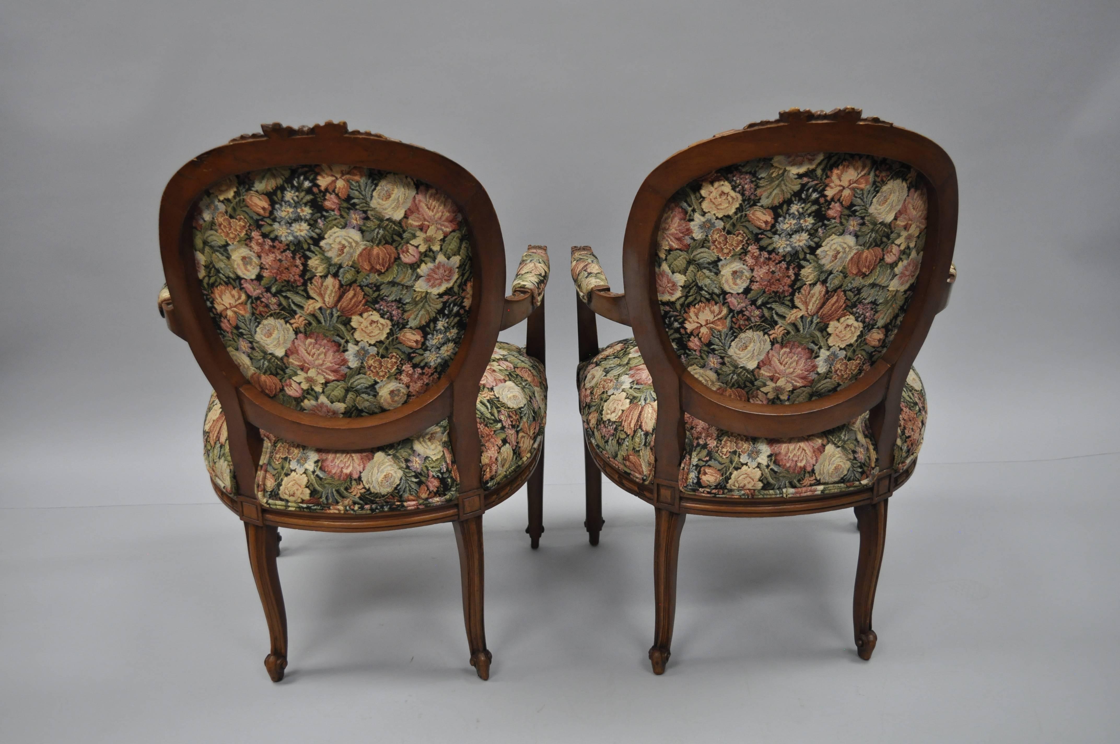 Pair French Country Louis XV Style Finely Carved Round Back Walnut Arm Chairs For Sale 2
