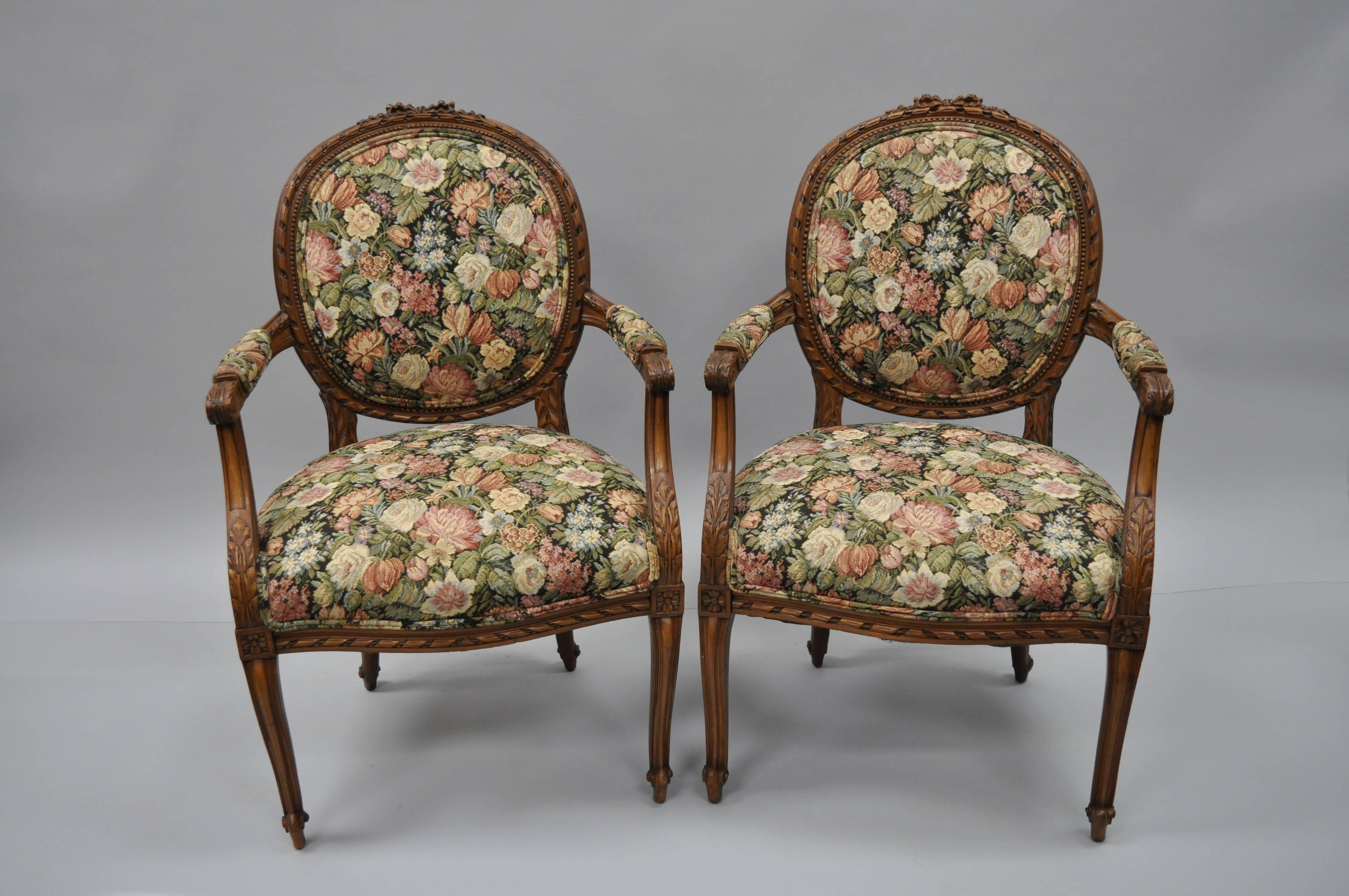 Pair French Country Louis XV Style Finely Carved Round Back Walnut Arm Chairs For Sale 3