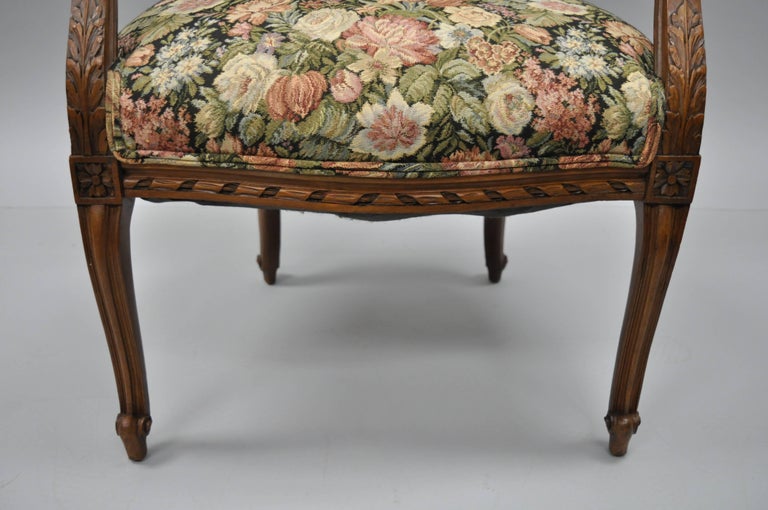 Pair French Country Louis Xv Style Finely Carved Round Back Walnut Arm Chairs