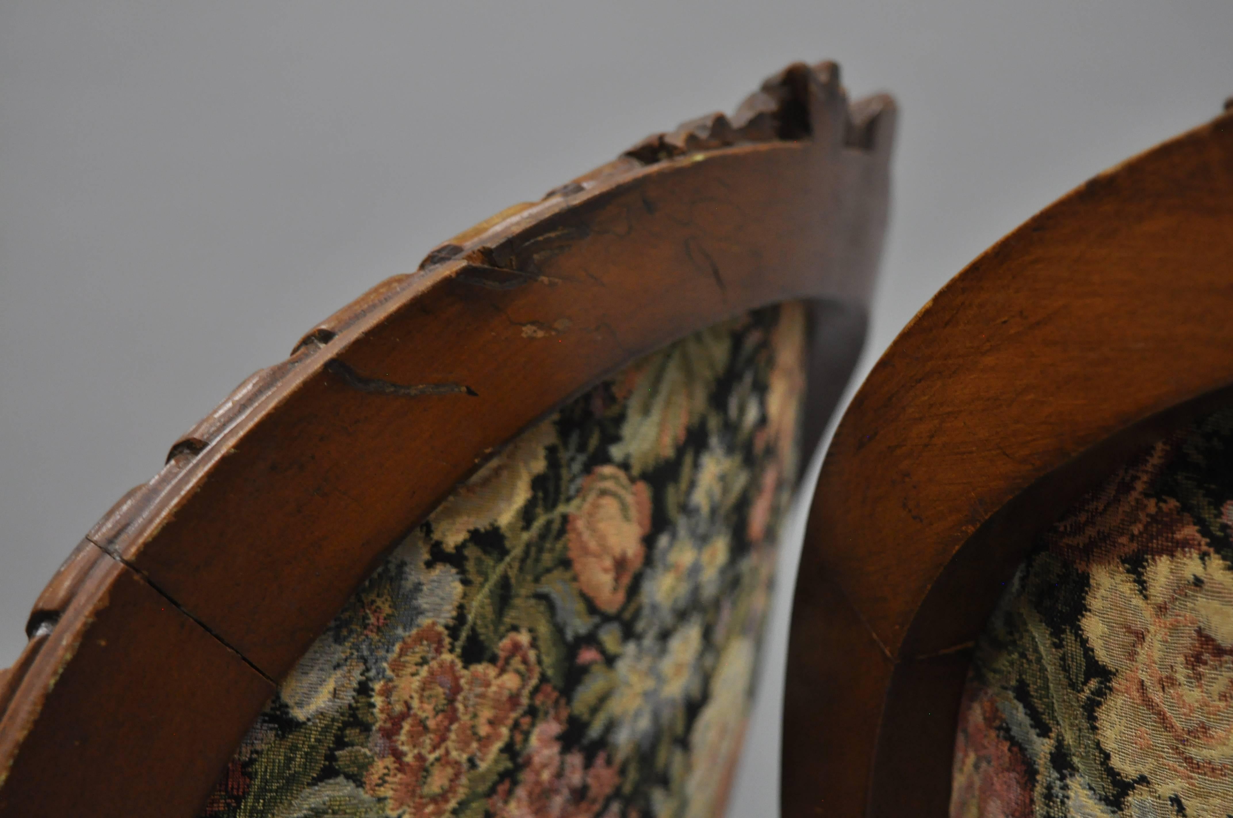 Fabric Pair French Country Louis XV Style Finely Carved Round Back Walnut Arm Chairs For Sale