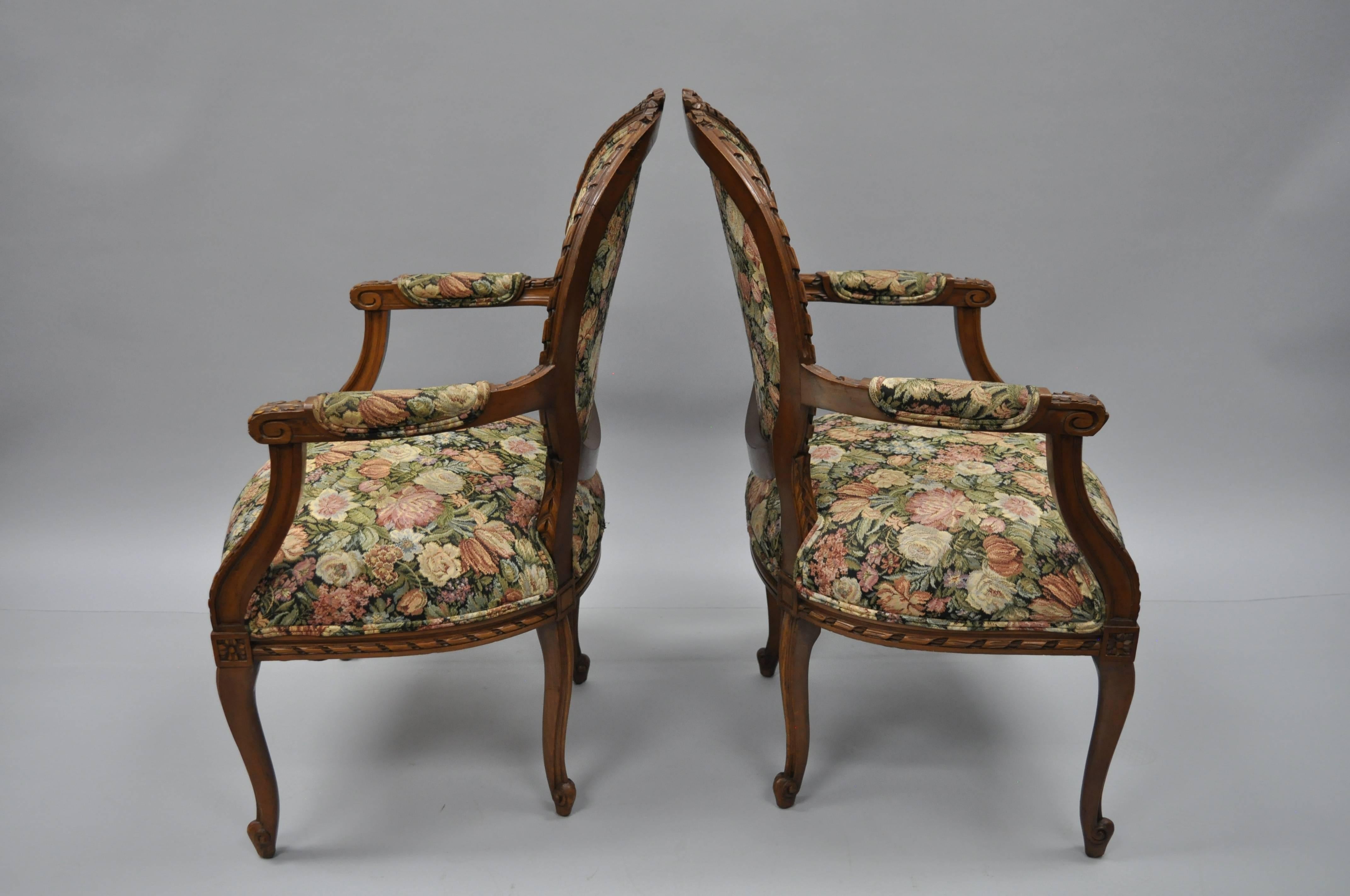 Pair French Country Louis XV Style Finely Carved Round Back Walnut Arm Chairs For Sale 1