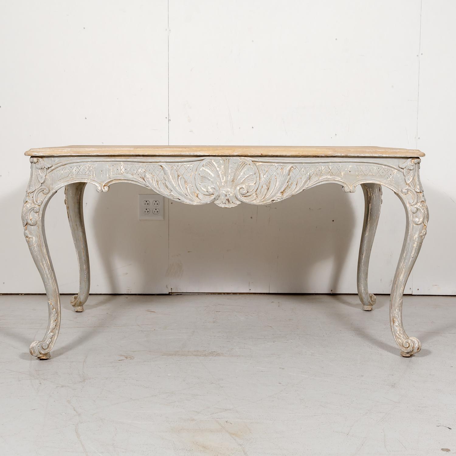 French Country Louis XV Style Painted Wood Table with Bleached Top In Good Condition In Birmingham, AL