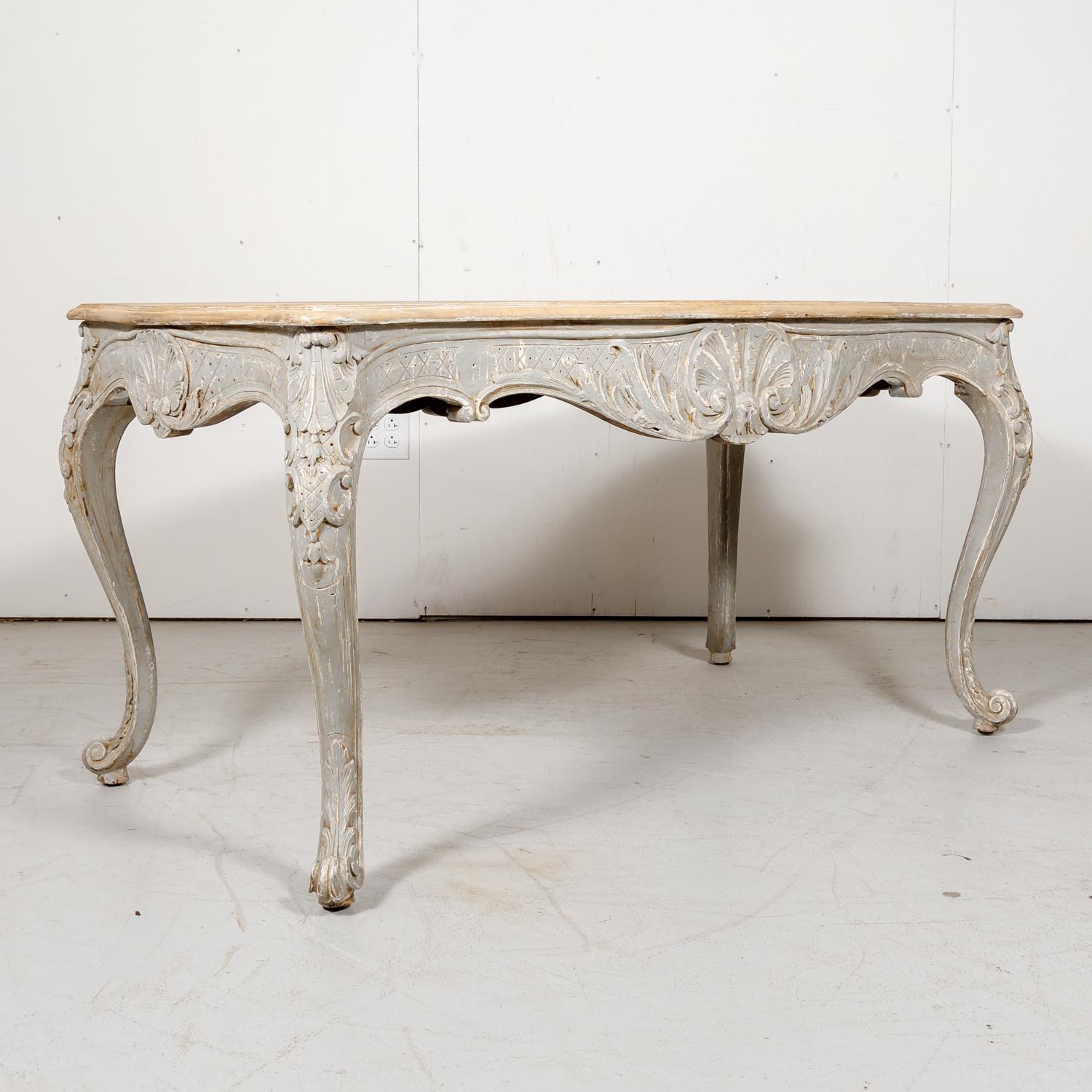 Late 19th Century French Country Louis XV Style Painted Wood Table with Bleached Top