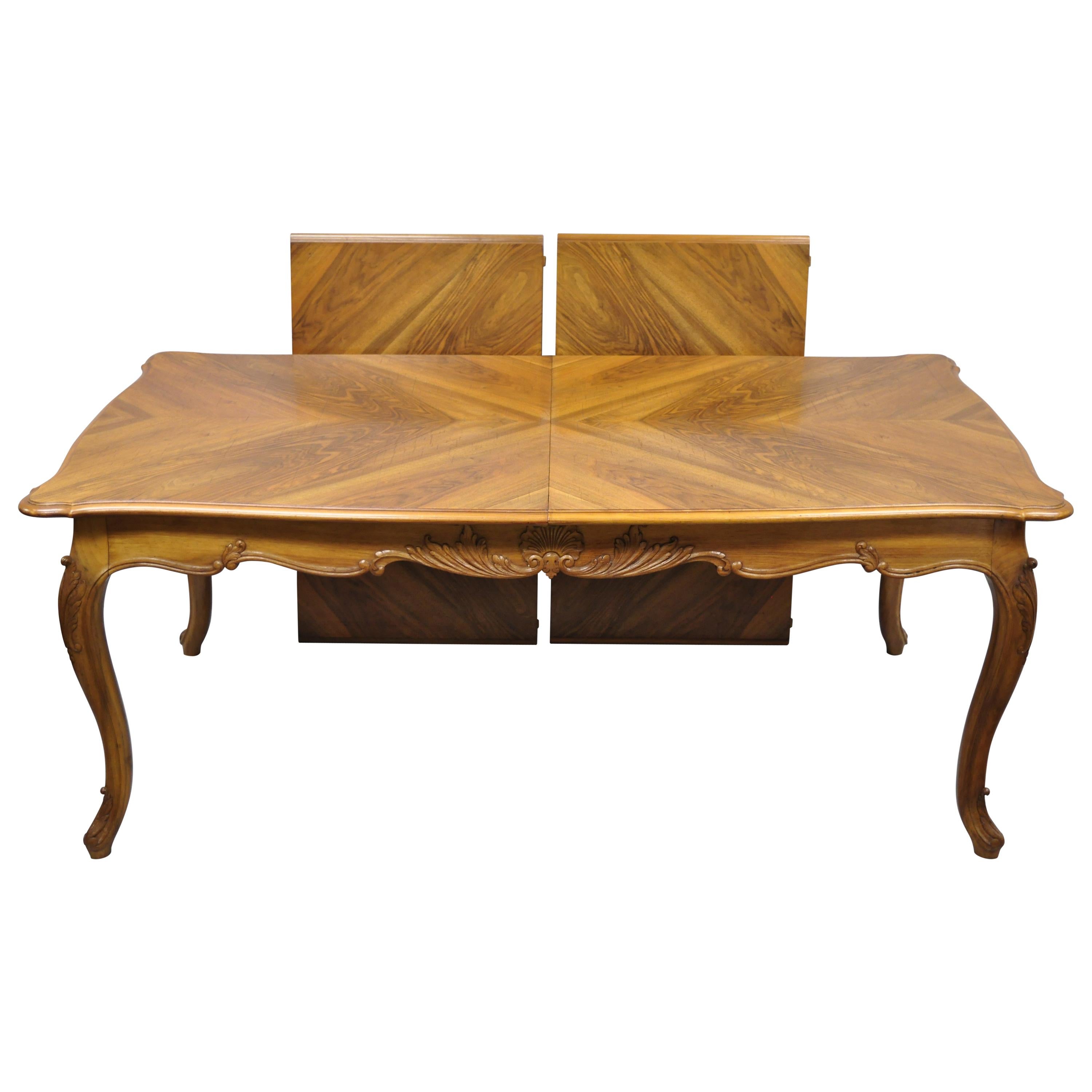 French Country Louis XV Style Shell Carved Walnut Dining Table with Two Leaves