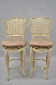 French Country Louis XV Style Vintage Cane Back Swivel Bar Stools Chair, a Pair