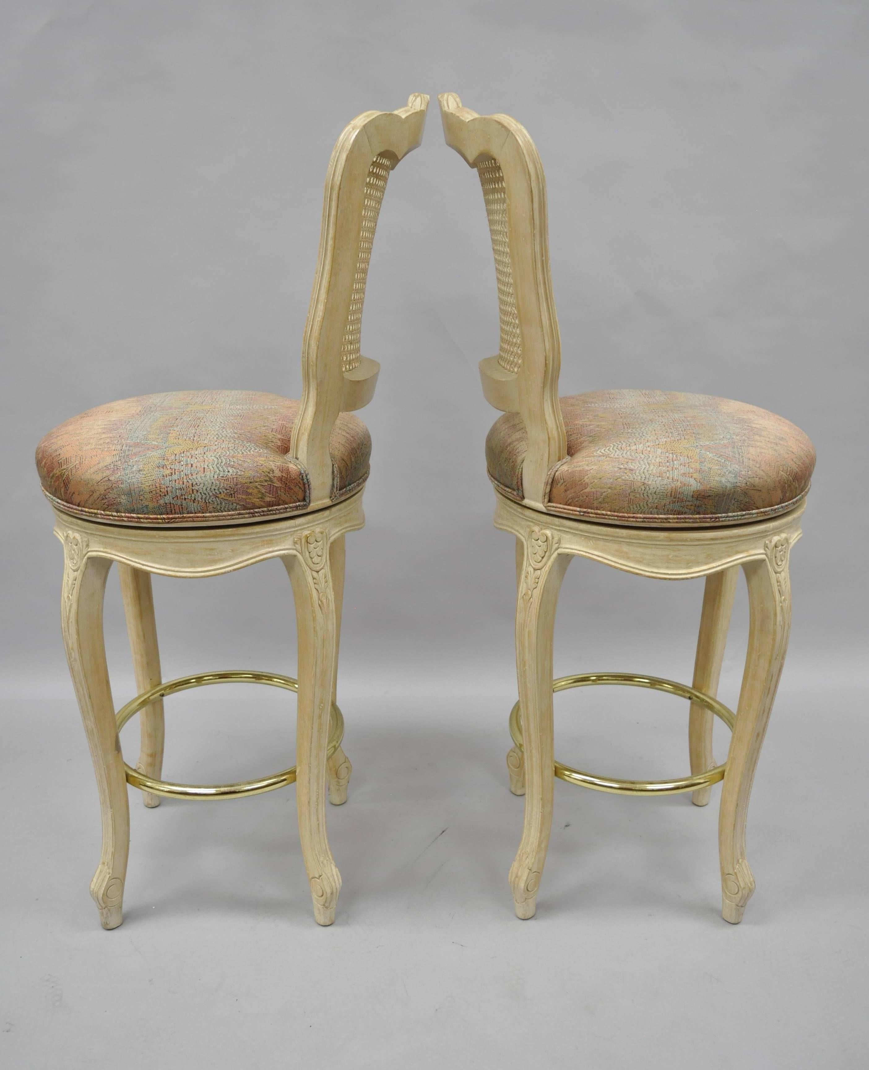 Carved French Country Louis XV Style Vintage Cane Back Swivel Bar Stools Chair, a Pair