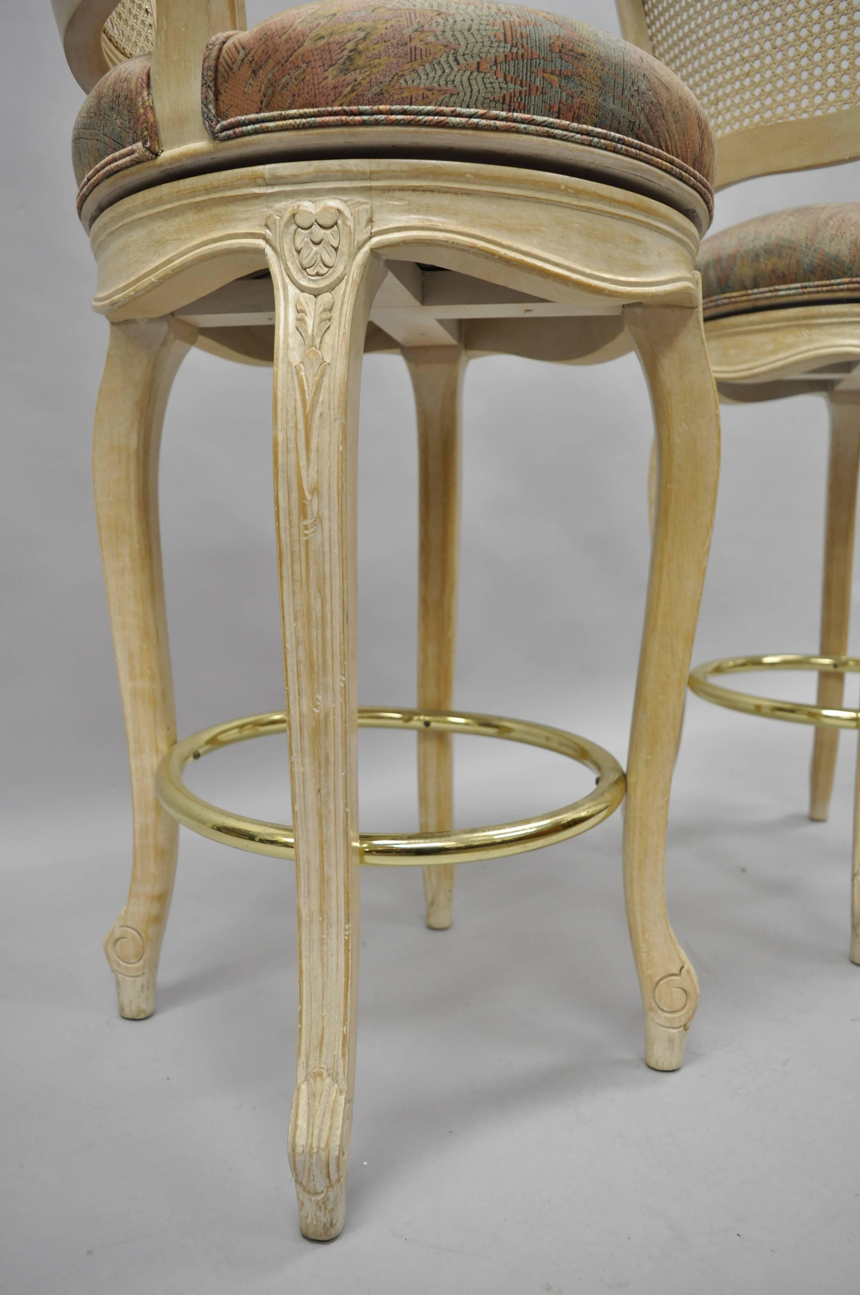 20th Century French Country Louis XV Style Vintage Cane Back Swivel Bar Stools Chair, a Pair