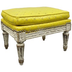 French Country Louis XVI Style White Paint Yellow Small Ottoman Footstool Stool