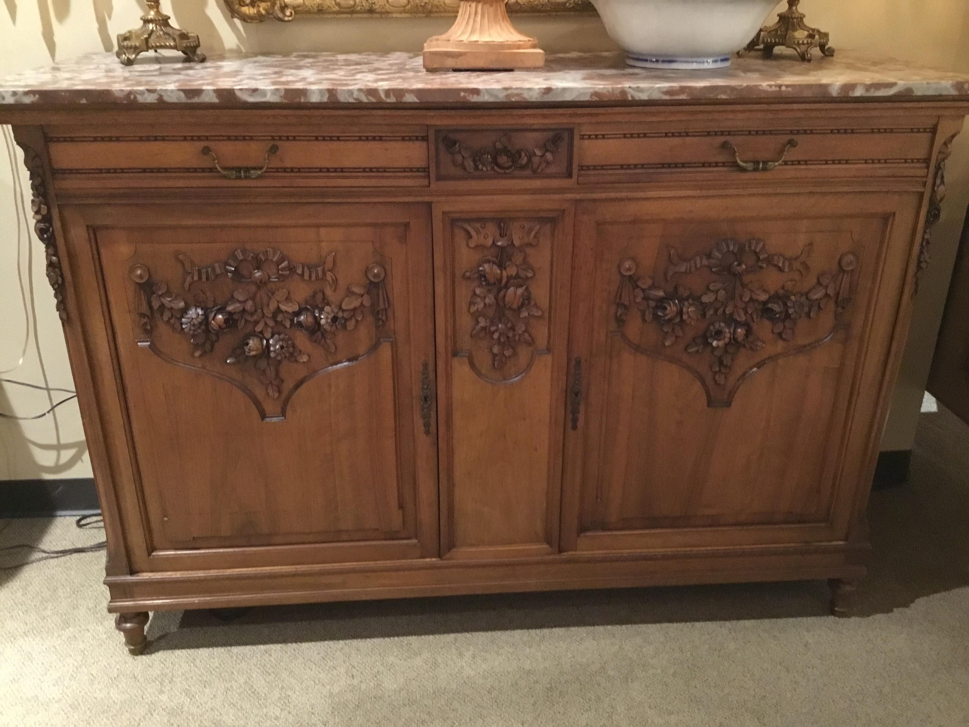 Louis XV French Country Marble-Top Buffet/Sideboard, 19th Century, Walnut Hand Carved For Sale