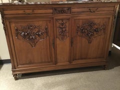 French Country Marble-Top Buffet/Sideboard, 19th Century, Walnut Hand Carved