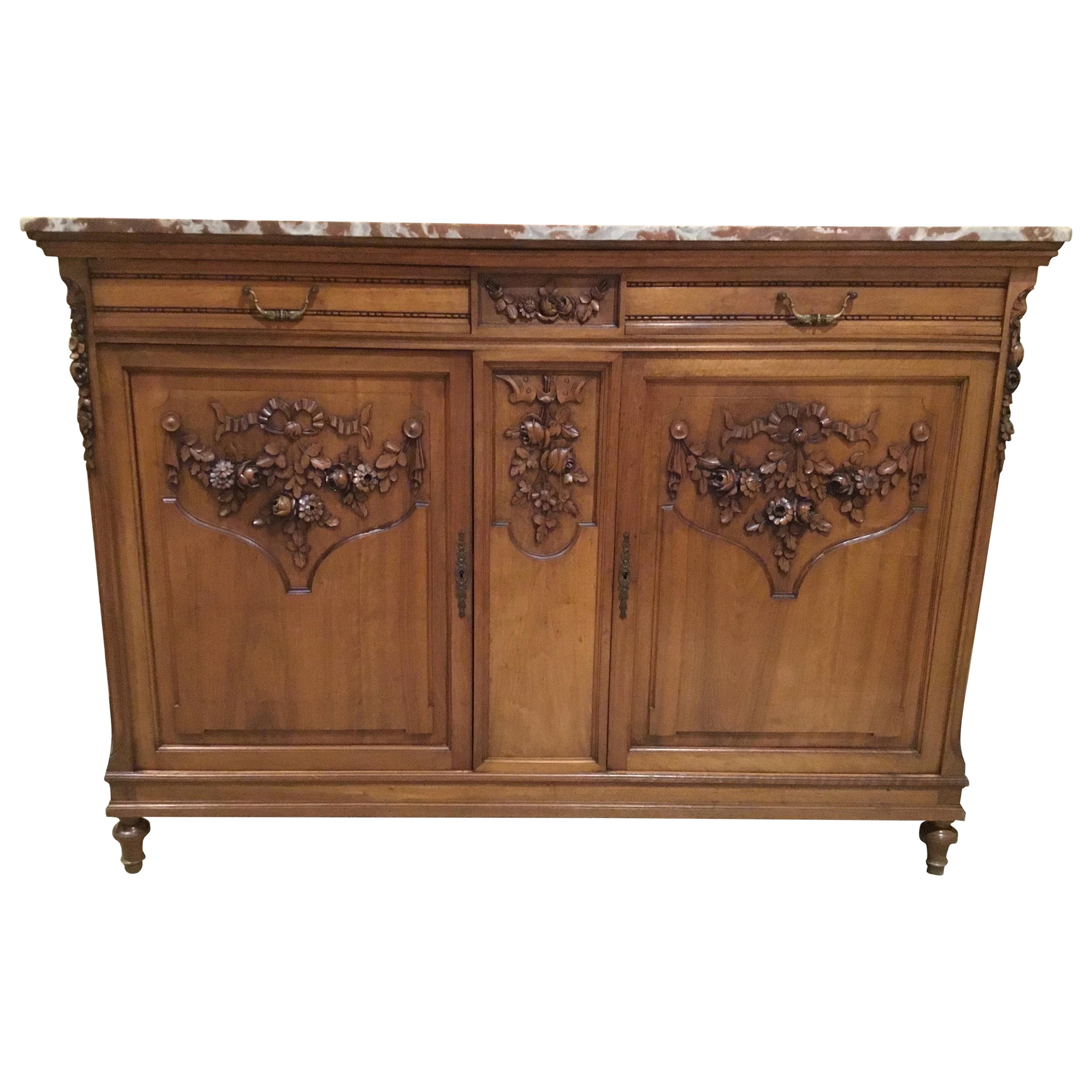 French Country Marble-Top Buffet/Sideboard, 19th Century, Walnut Hand Carved For Sale
