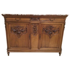 French Country Marble-Top Buffet/Sideboard, 19th Century, Walnut Hand Carved