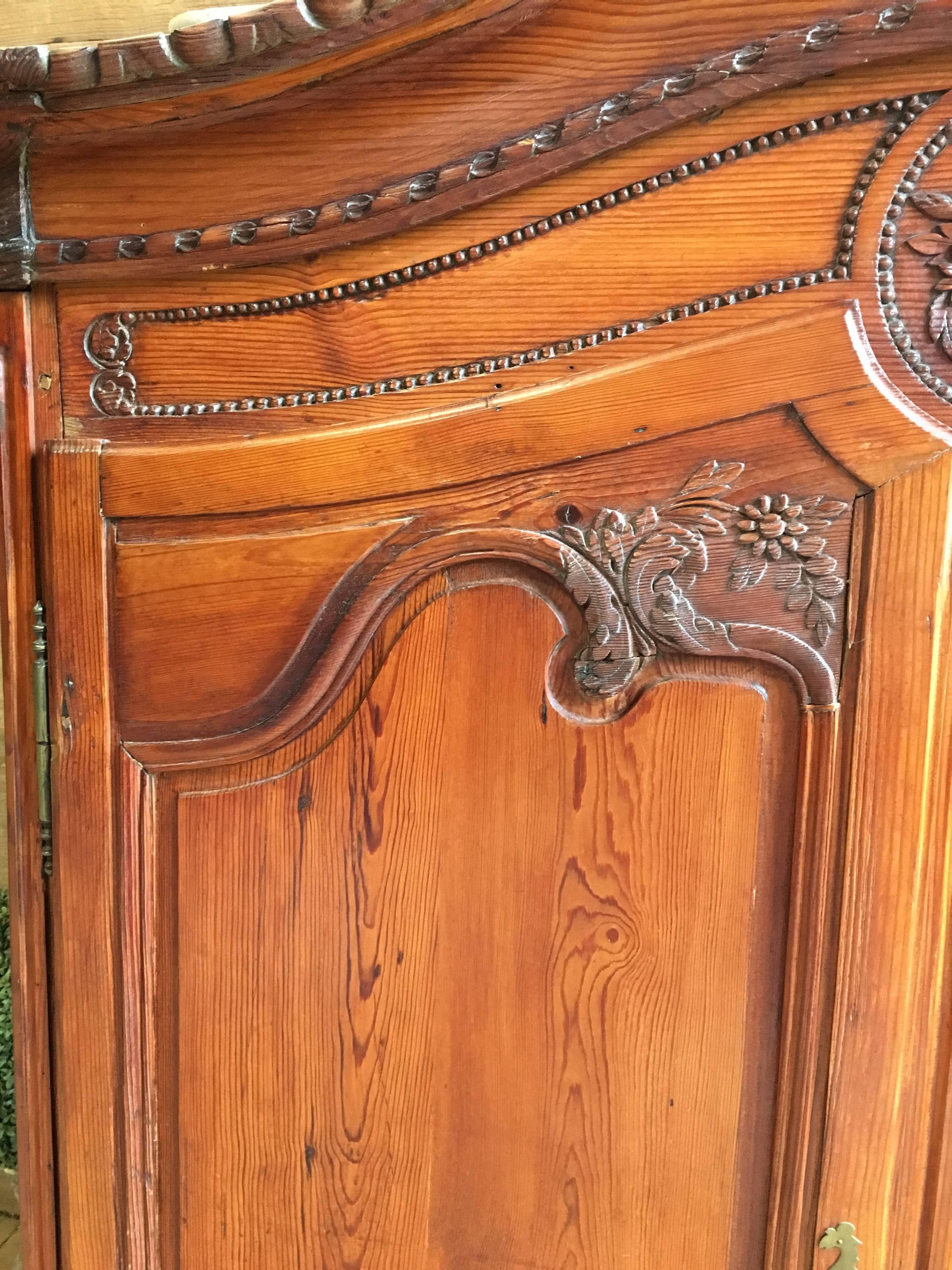 Carved French Country Normandy Pine Armoire, circa 1800