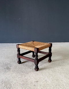 French Country Oak & Rush Low Stool, France 1940's