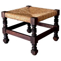 French Country Oak & Rush Low Stool, France 1940's