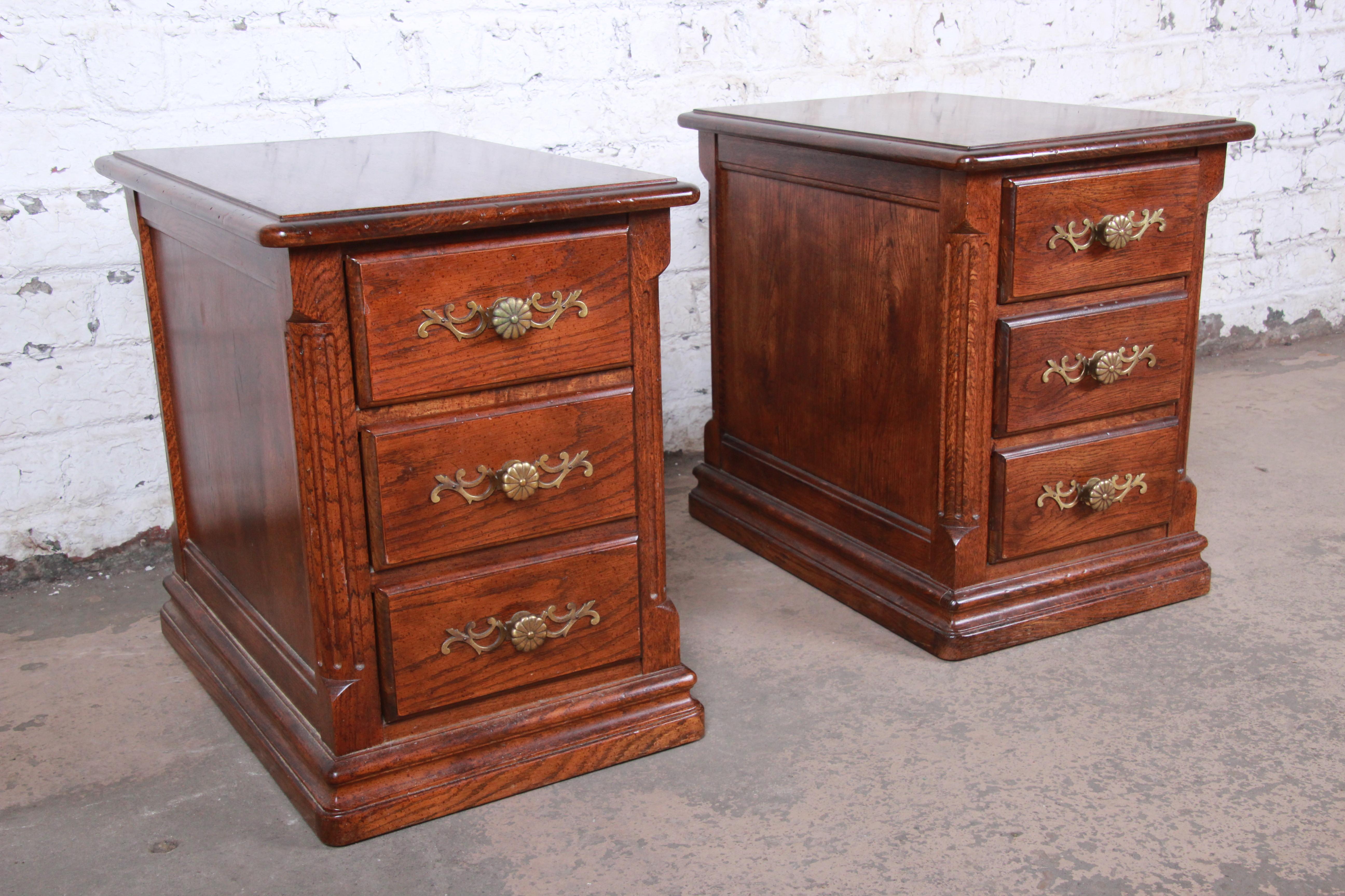French Provincial French Country Oak Three-Drawer Nightstands by Hickory