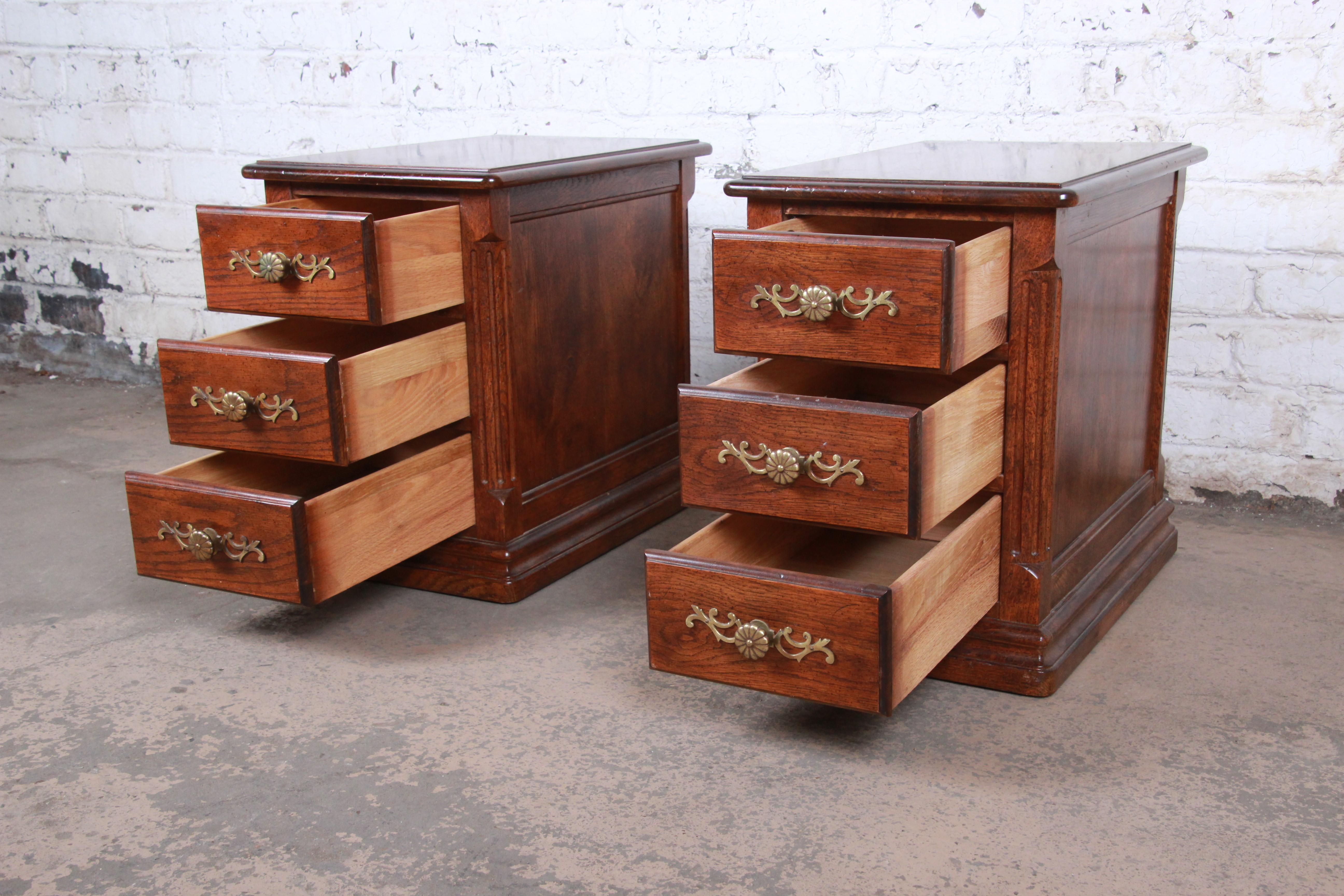 American French Country Oak Three-Drawer Nightstands by Hickory