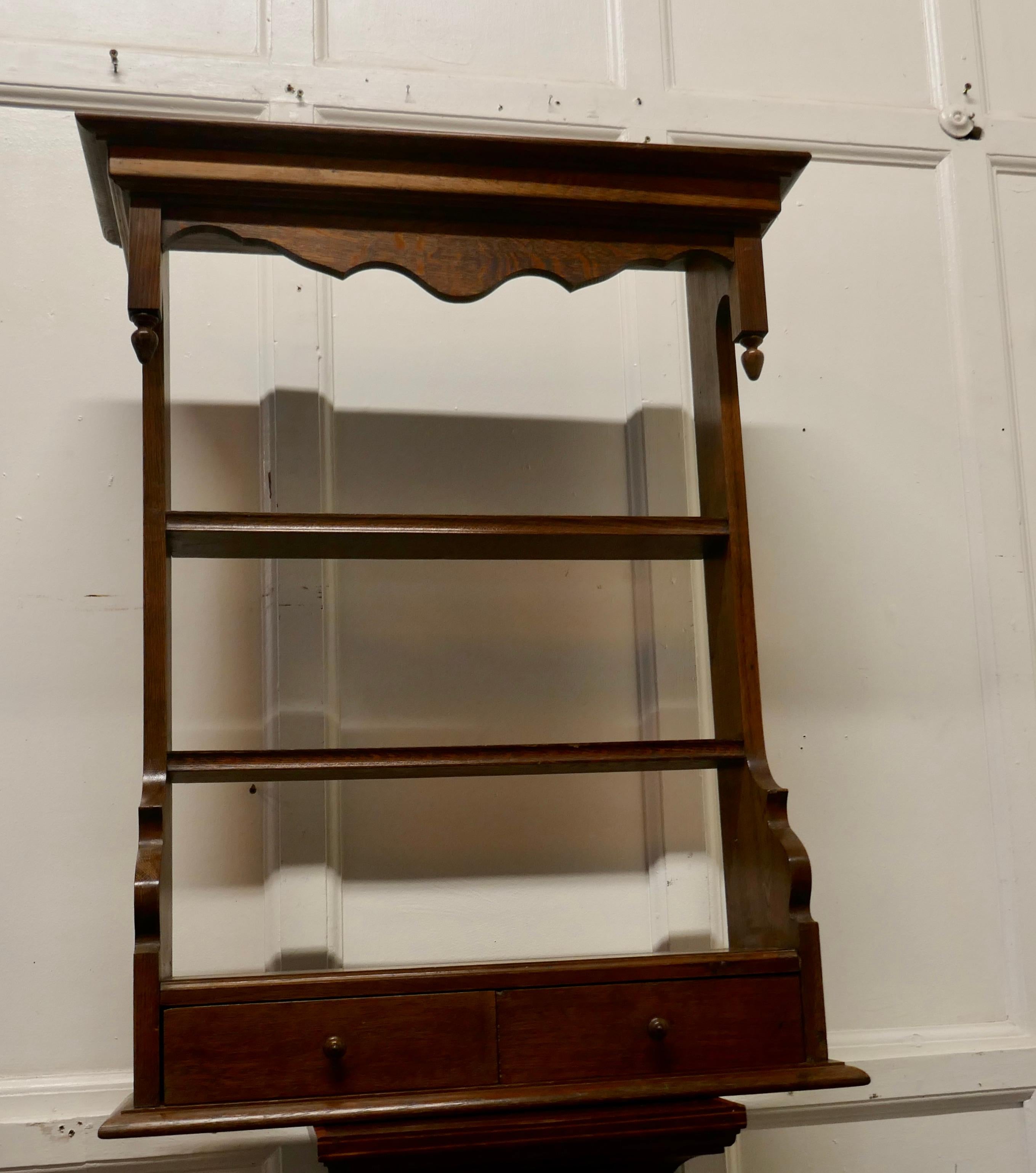 French Country Oak Wall Hanging Shelf with Drawers In Good Condition For Sale In Chillerton, Isle of Wight