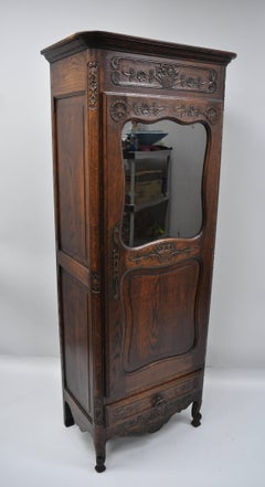 French Provincial Oak Wood Narrow Floral Carved Curio Cabinet Vitrine Cupboard