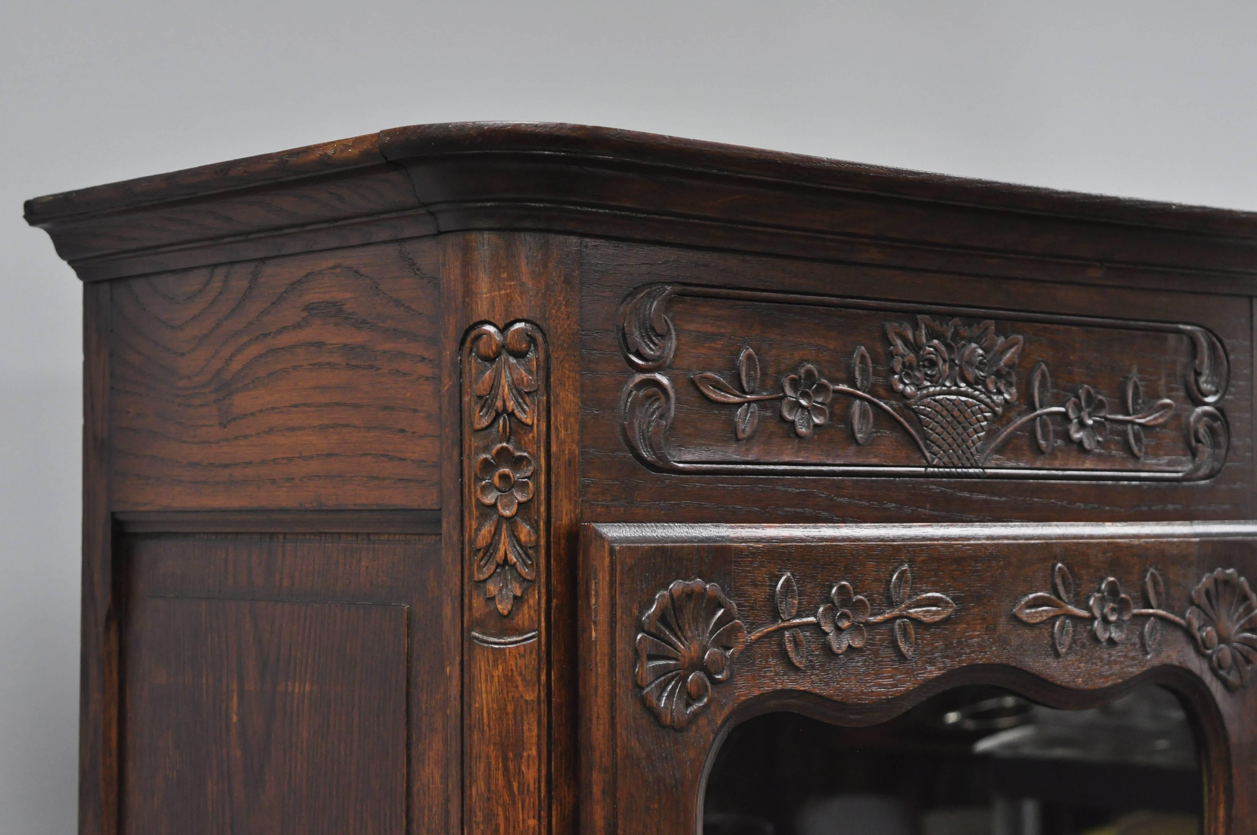 Country French Provincial Oak Wood Narrow Floral Carved Curio Cabinet Vitrine Cupboard
