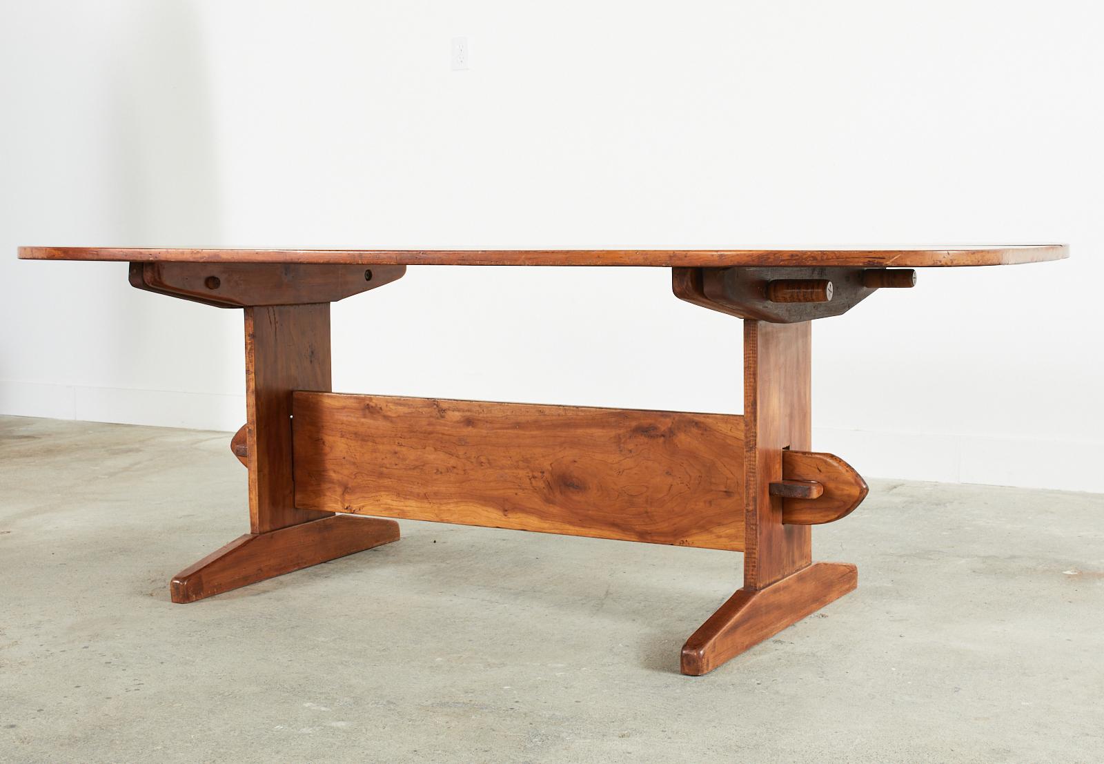 French Country Oval Fruitwood Farmhouse Trestle Dining Table 5