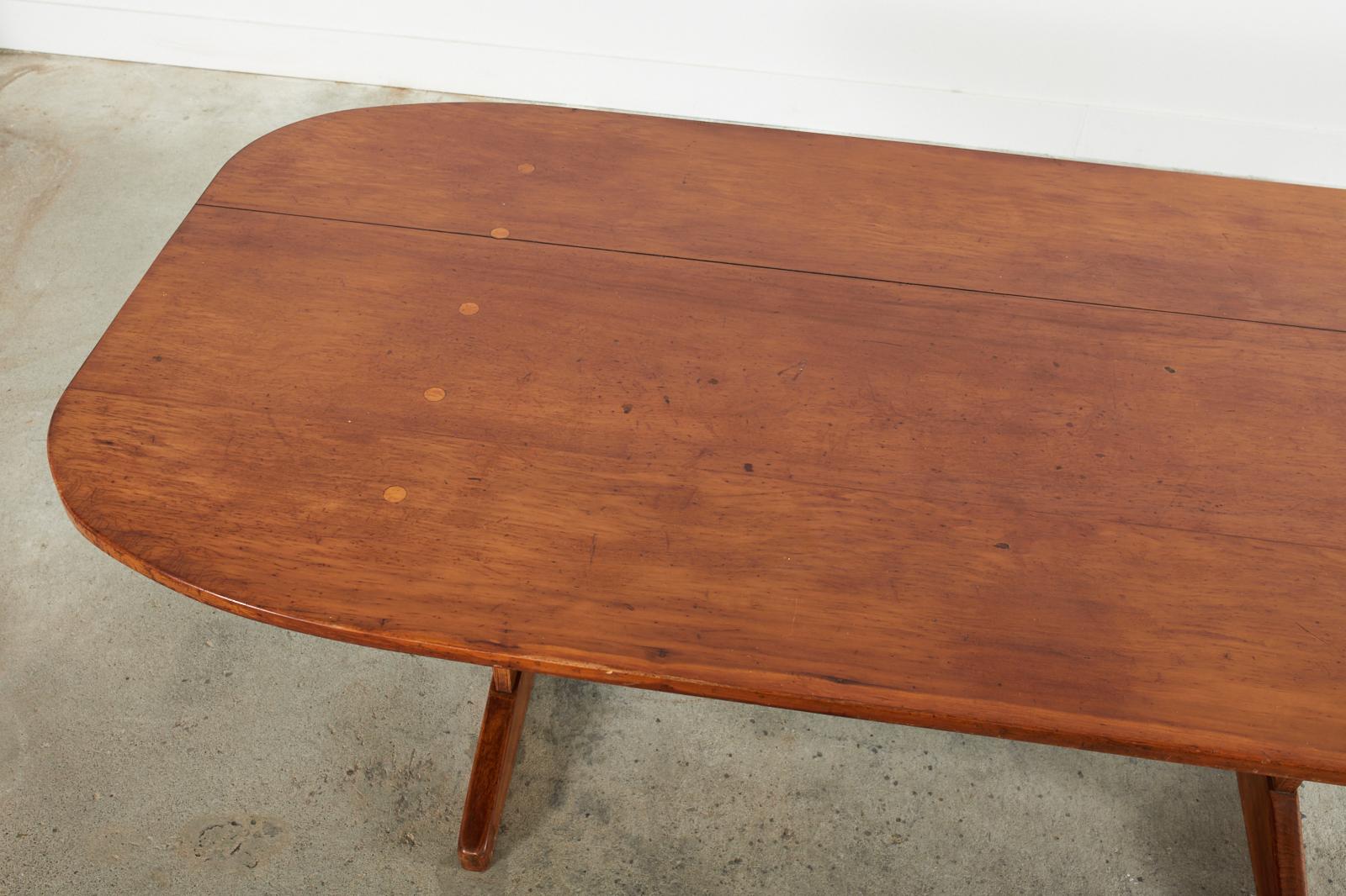 French Country Oval Fruitwood Farmhouse Trestle Dining Table In Good Condition In Rio Vista, CA