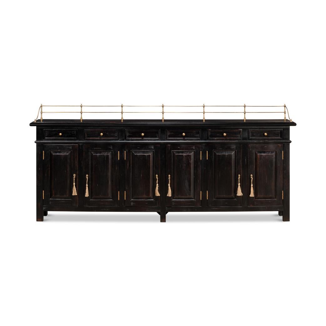 Crafted from solid wood in a hand-rubbed rustic and antiqued ebonized finish, this piece resonates with durability and a timeless aesthetic. Its generous dimensions, measuring 96 inches in width, 12 inches in depth, and standing 43 inches tall, make