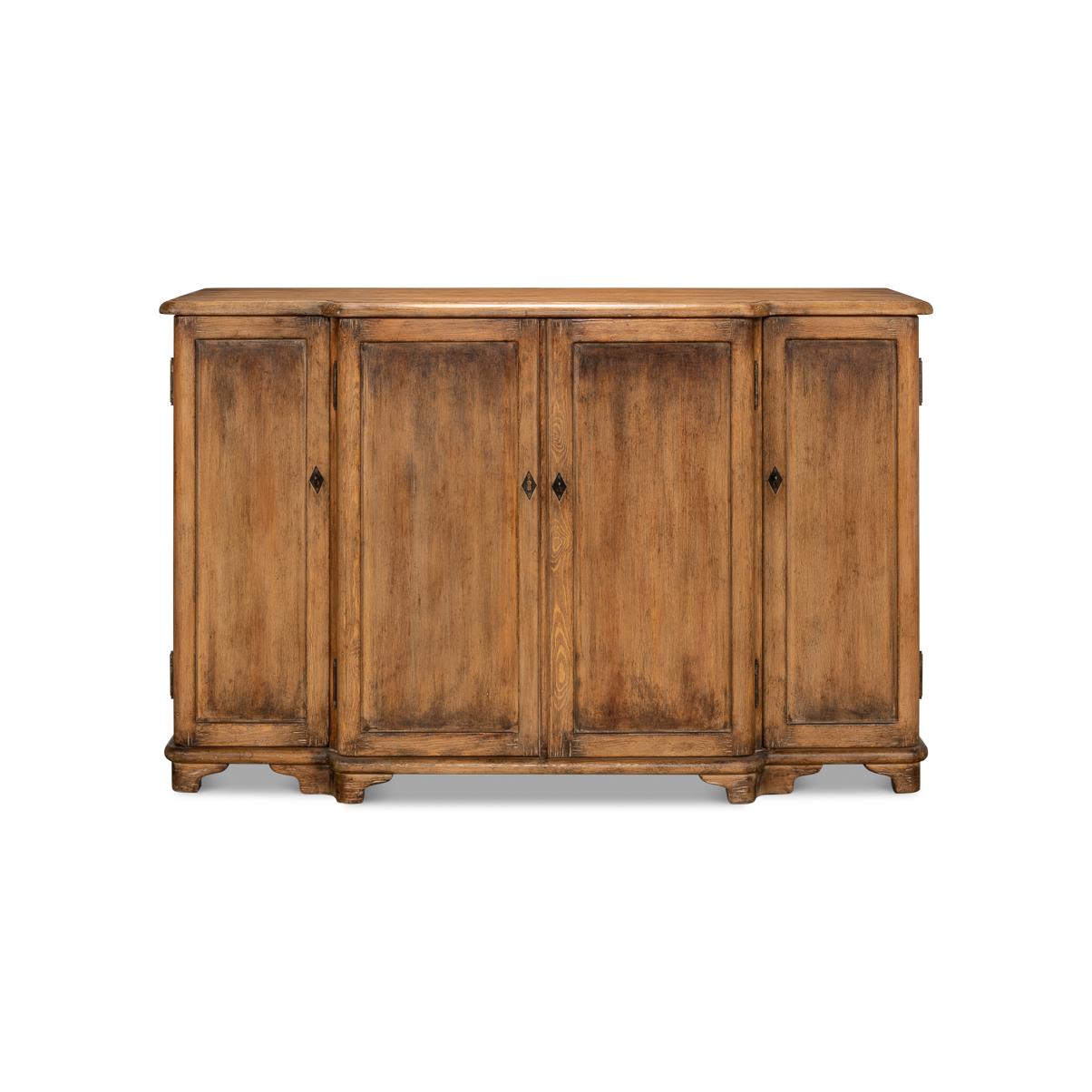 A warm brown finish to the pine wood offers a neutral palette that complements various decors.

The classic breakfront design adds subtle interest, with an ogee molded edge top, a four-door compartment that provides practical storage space. Ideal